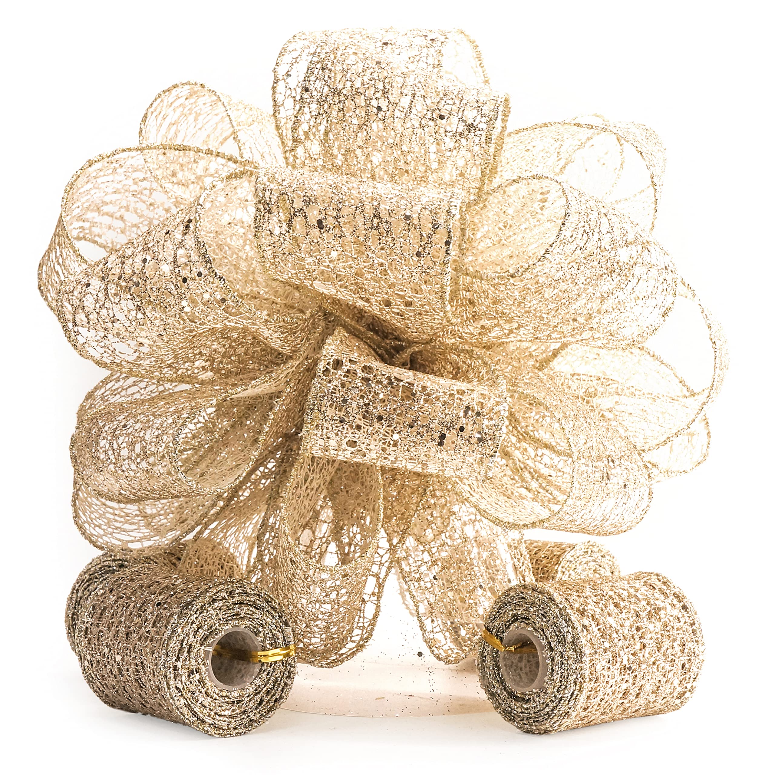 Champagne Gold Glitter Mesh Christmas Tree Topper Bow 11" with 4 Ribbon Streamers x 3 Yards Long Each for Holidy Elegant Fancy Home Décor Indoor