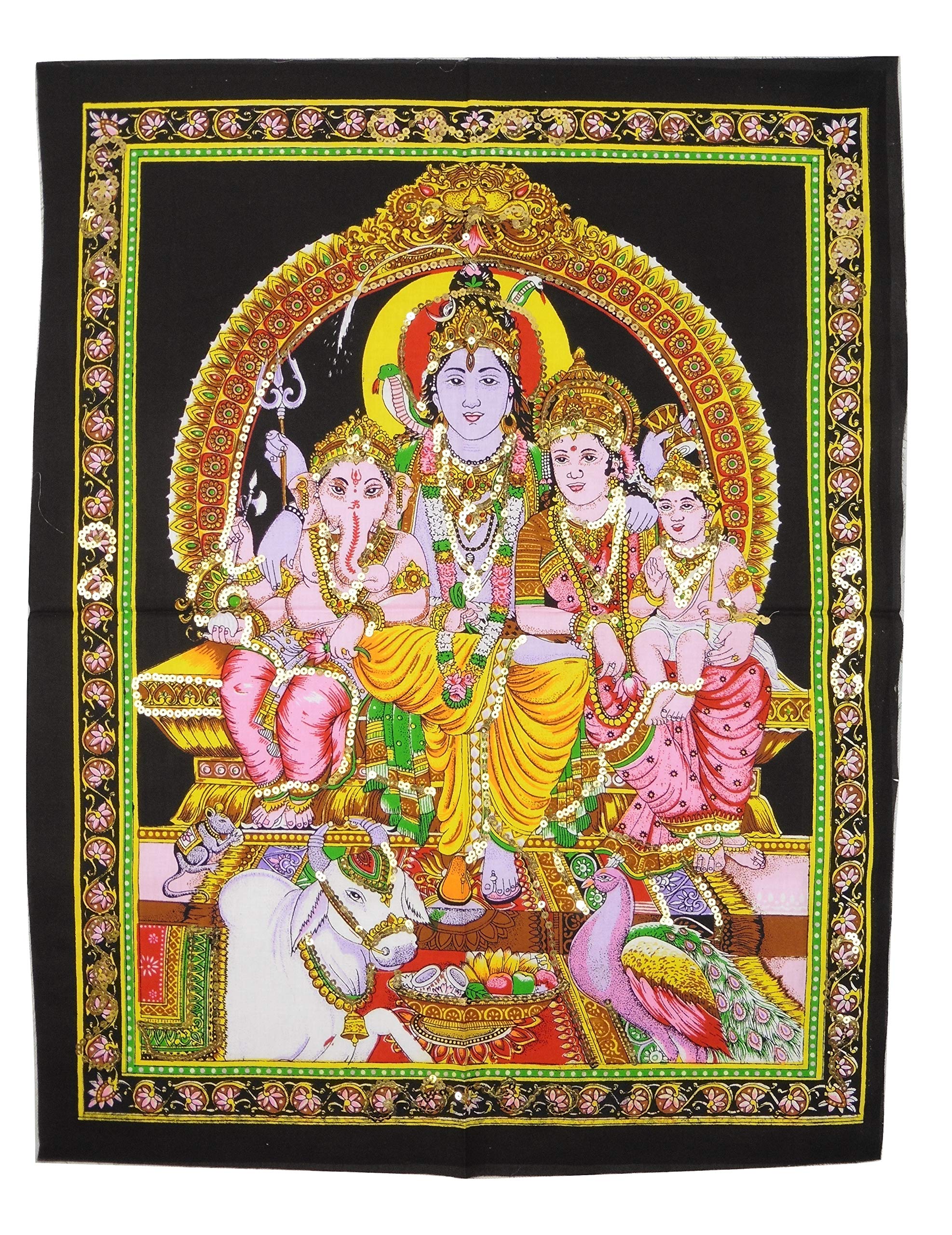 Pilgrims Fair Trade Sequin Cotton Shrine Picture Wall Art Hindu God Shiva Family 58 x 74 cm