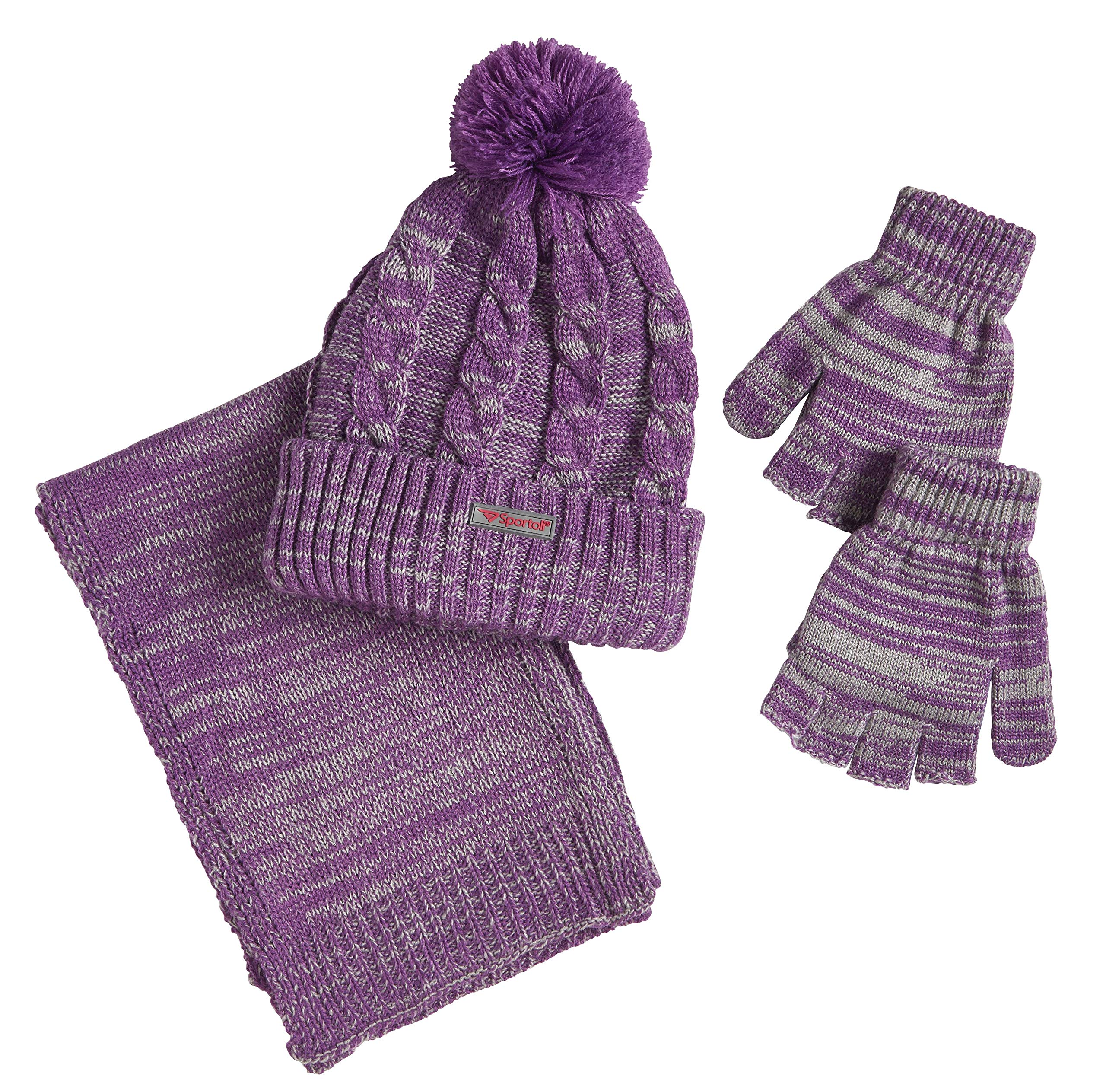 Sportoli Women’s Girls’ kids 3-Piece Cable Knit Cold Weather Set Hat Scarf Glove - Purple (Size Kids / 4-7 Yrs)