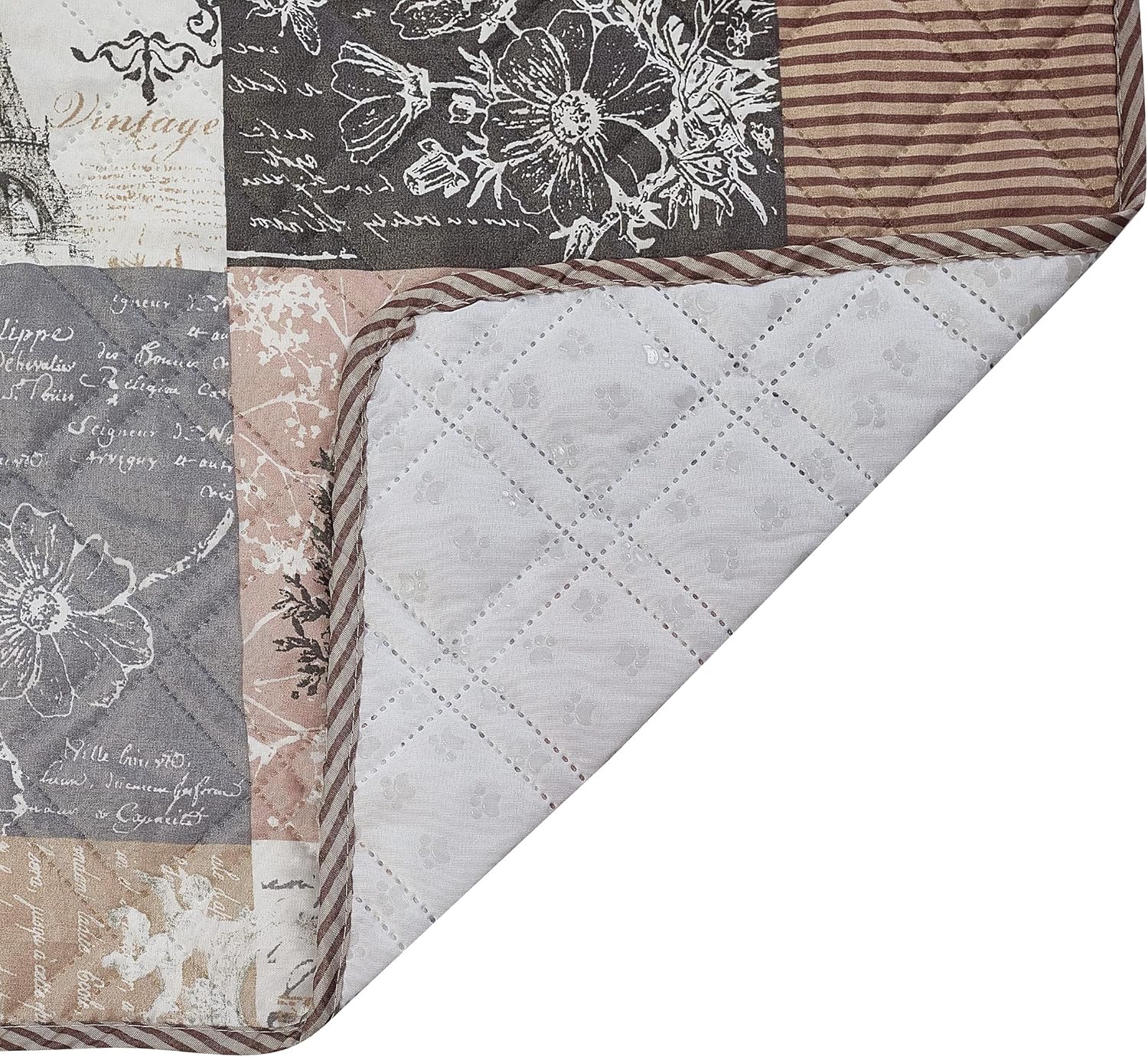 Brilliant Sunshine Quilted Calming Dog Bed Mat, Removable Washable Cover, Cushion Protector and Couch Covers for Dogs, Pets, Cats, Medium, Latte Grey Paris and Toile Floral Patchwork