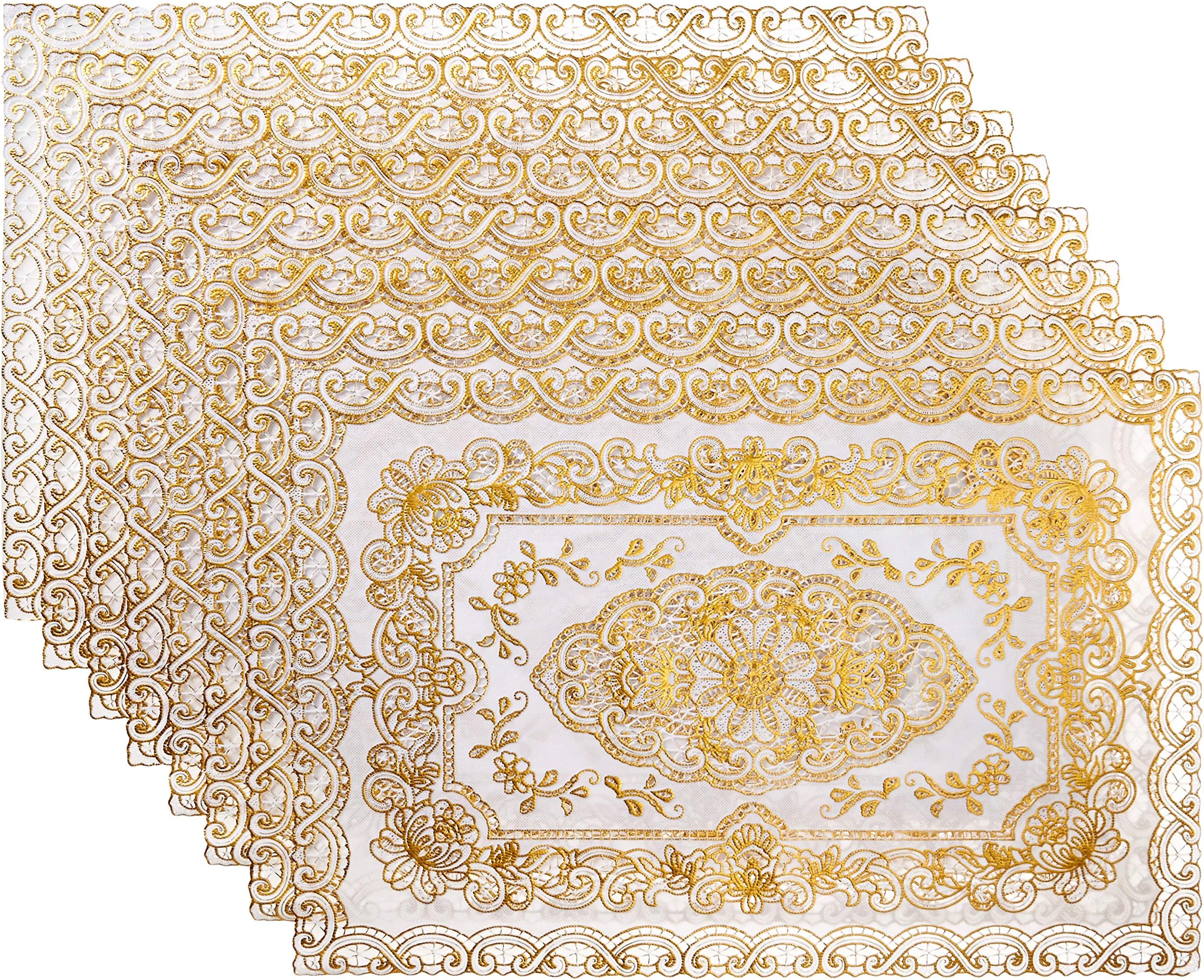 Reusable and Washable Set of 8, Soft Vinyl Lace Placemats or Doilies, Attractive Design Enhanced with Raised Detailing in Gold Metallic Provides You a Look and Feel of Embroidery. (Gold with White)
