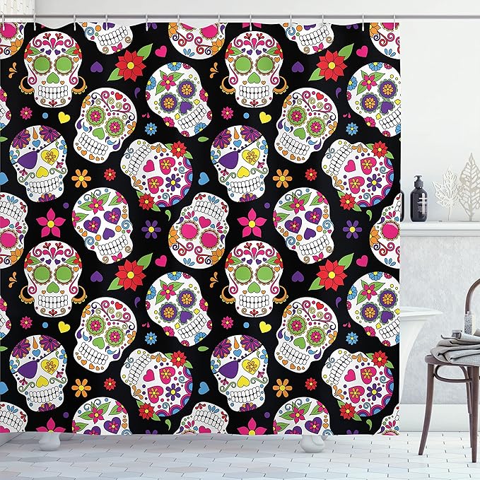 Ambesonne Sugar Skull Shower Curtain, Graveyard Mexico Design on Black Backdrop Print, Cloth Fabric Bathroom Decor Set with Hooks, 69