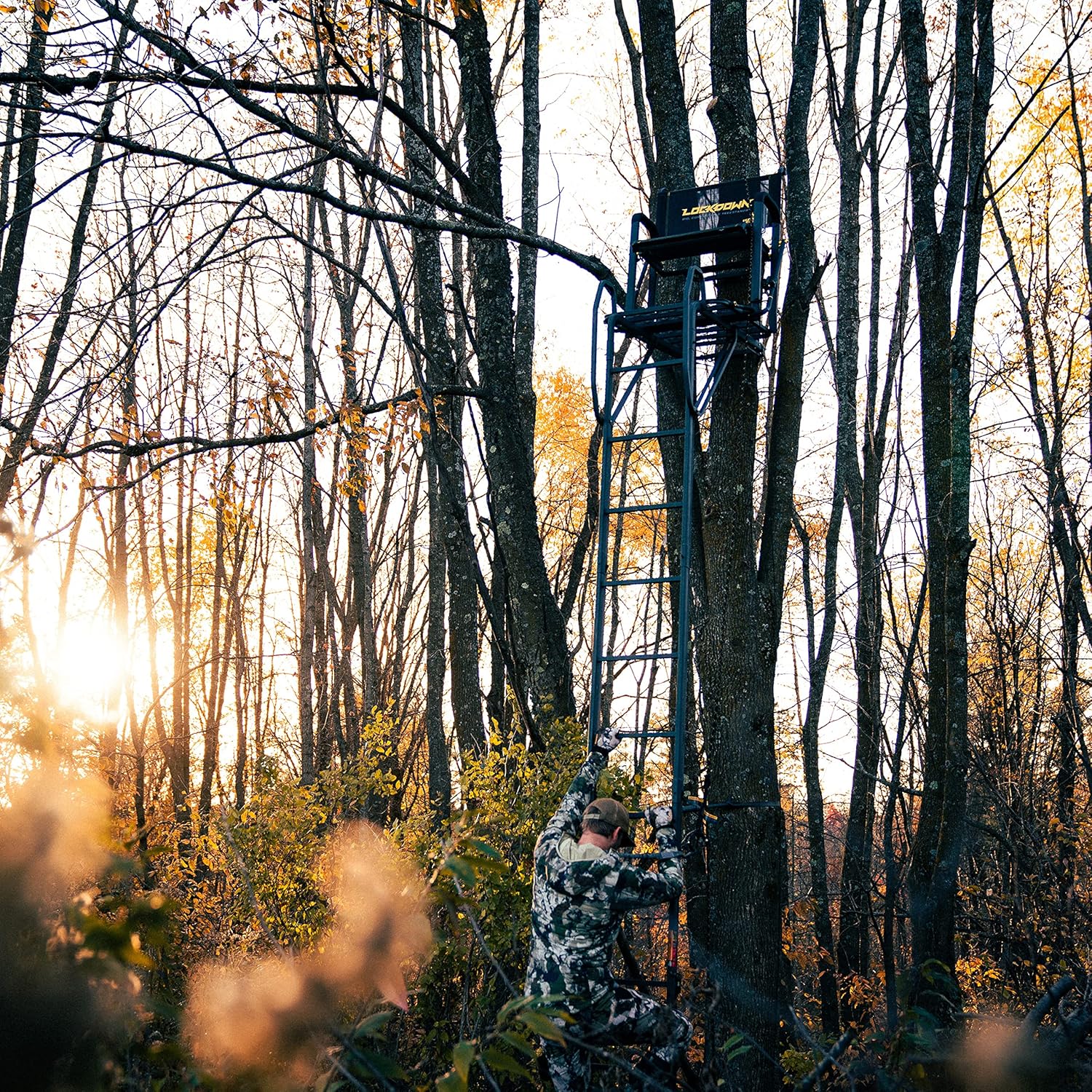 Rivers Edge® Lockdown™ Wide, 17' Height, Wide Flip-Up TearTuff™ Mesh Seat, The Ultimate Shooting Rail™, Patent-Pending Ground-Level Ratcheting Technology™, LD201