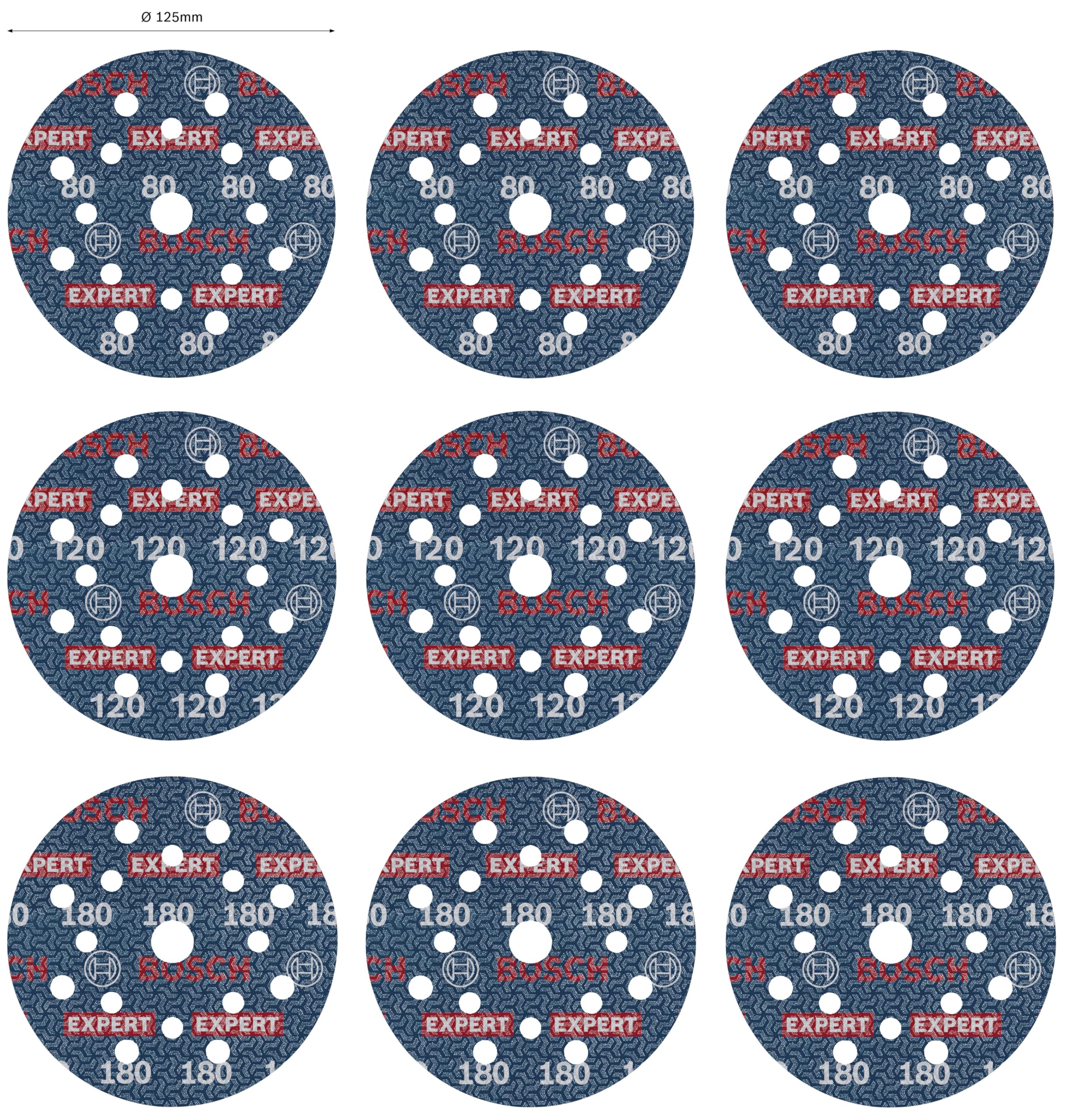 Bosch 9x Set de 9 discos de lija para láminas EXPERT O780, 125 mm (para Madera dura, Pintura sobre madera, Ø 125 mm, Grano 3x80, 3x120, 3x180, Professional Accesorios Lijadora excéntrica)