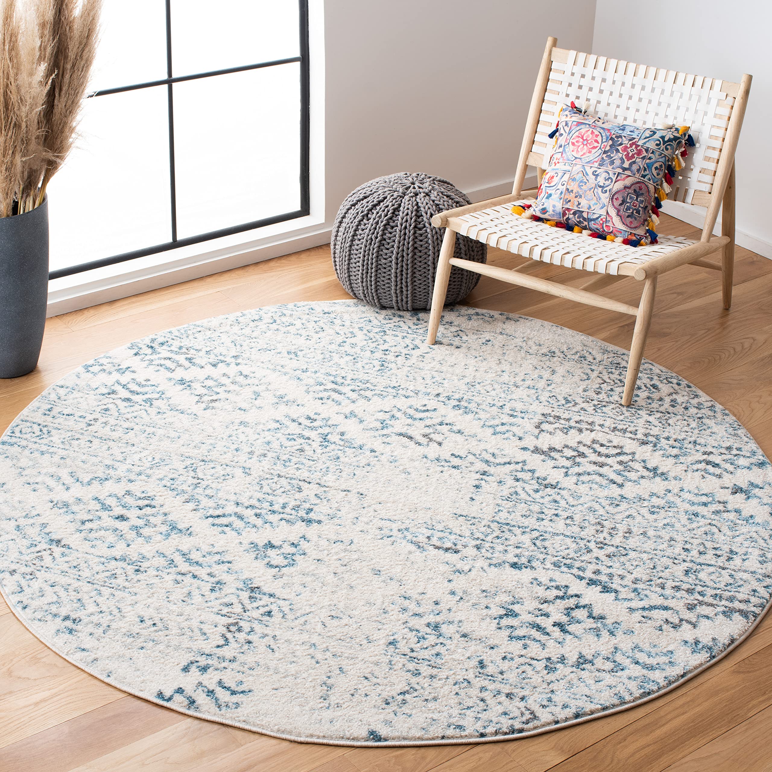 SAFAVIEH Tulum Collection Area Rug - 8' Round, Ivory & Turquoise, Moroccan Boho Tribal Design, Non-Shedding & Easy to Clean, Ideal for Living Room,