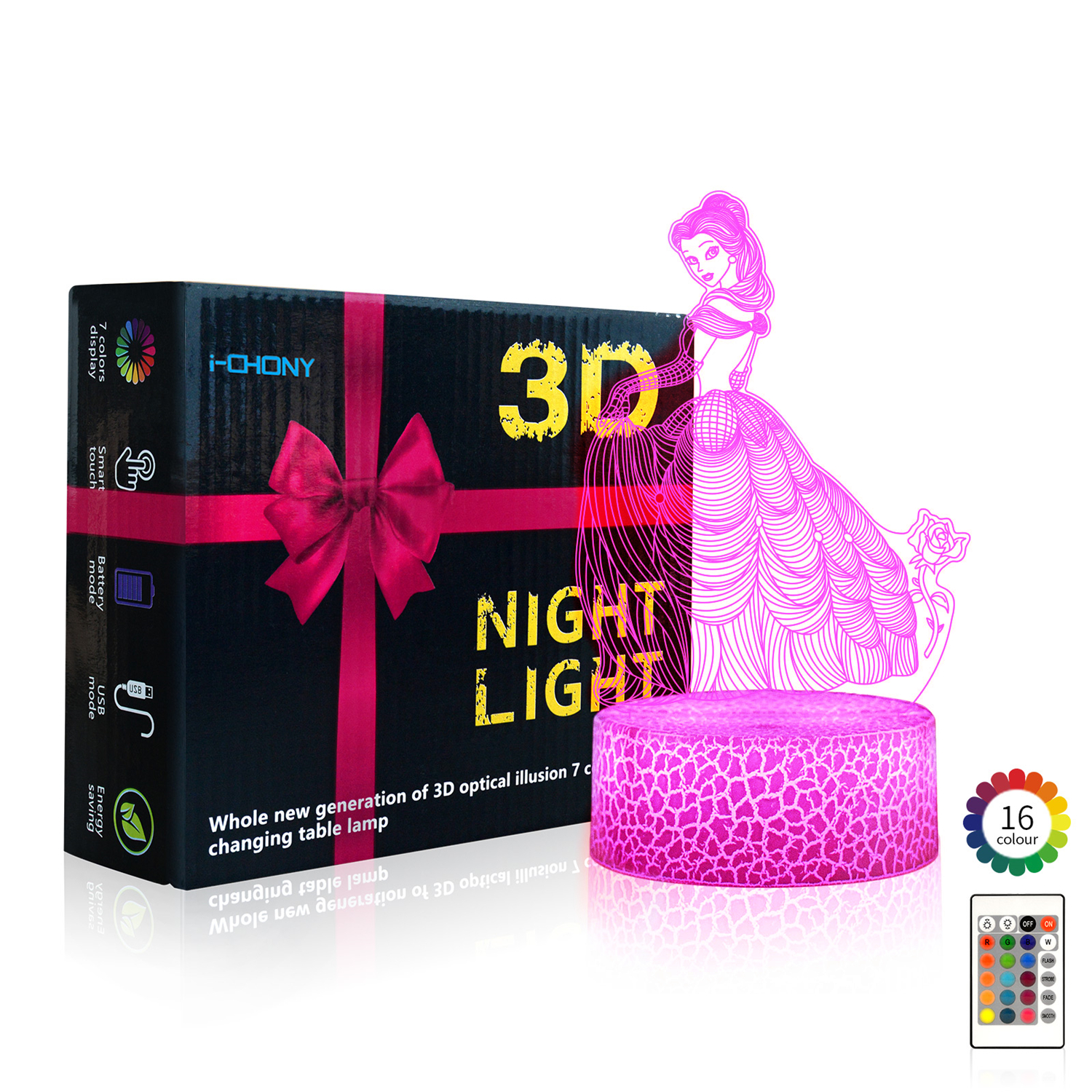 Image of i-CHONY Princess Gift Night Light for Girls, 3D Illusion Lamp with Remote & Smart Touch, 16 Colors Dimmable Bedroom Decorations, Kids Teens Birthday Gift