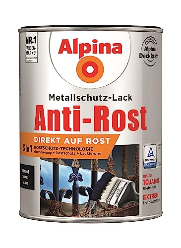 Alpina Metallschutzlack glänzend – Schwarz – Anti-Rost-Lack für einen Langzeit-Korrosionsschutz – Witterungs- und UV-beständig – 2,5L