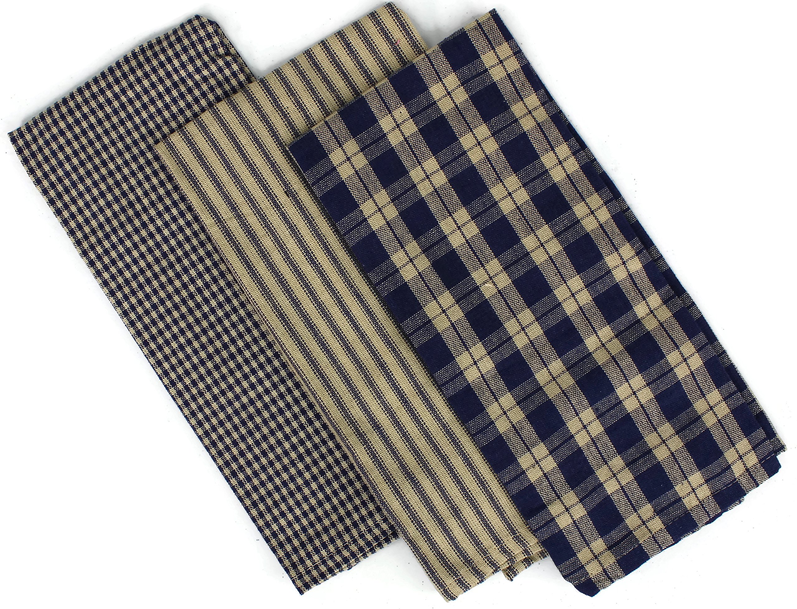 Woven Cotton Farmhouse Kitchen Tea Towels, 22 inches x 13 inches, Set of 3, Navy Blue/Natural Tan