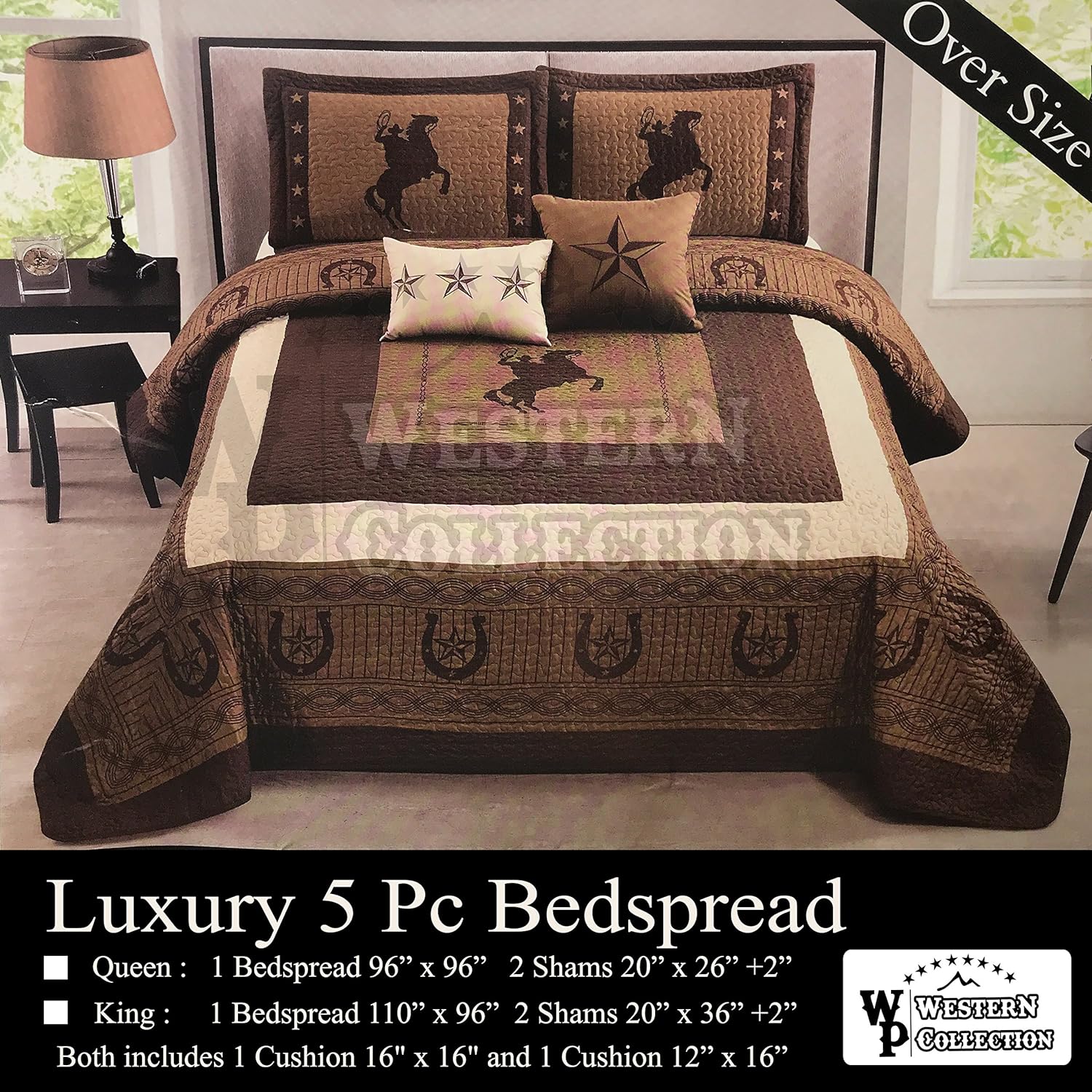 Western Collection New 5 Pieces Western Stars and Horses Cowboy Luxury Home Quilt Bedspread Oversize Comforter with Cushions (Queen, Brown Horse)