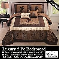 Vista 2 de Western Collection Edredón de lujo de 5 piezas con cojines para el hogar con estrellas y caballos occidentales (Queen, caballo marrón)