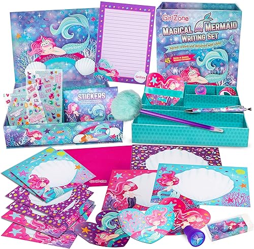 GirlZone Juego de regalo estacionario de sirena para niñas kit de escritura de letras de 45 piezas con sobres papel tarjetas y más gran regalo de