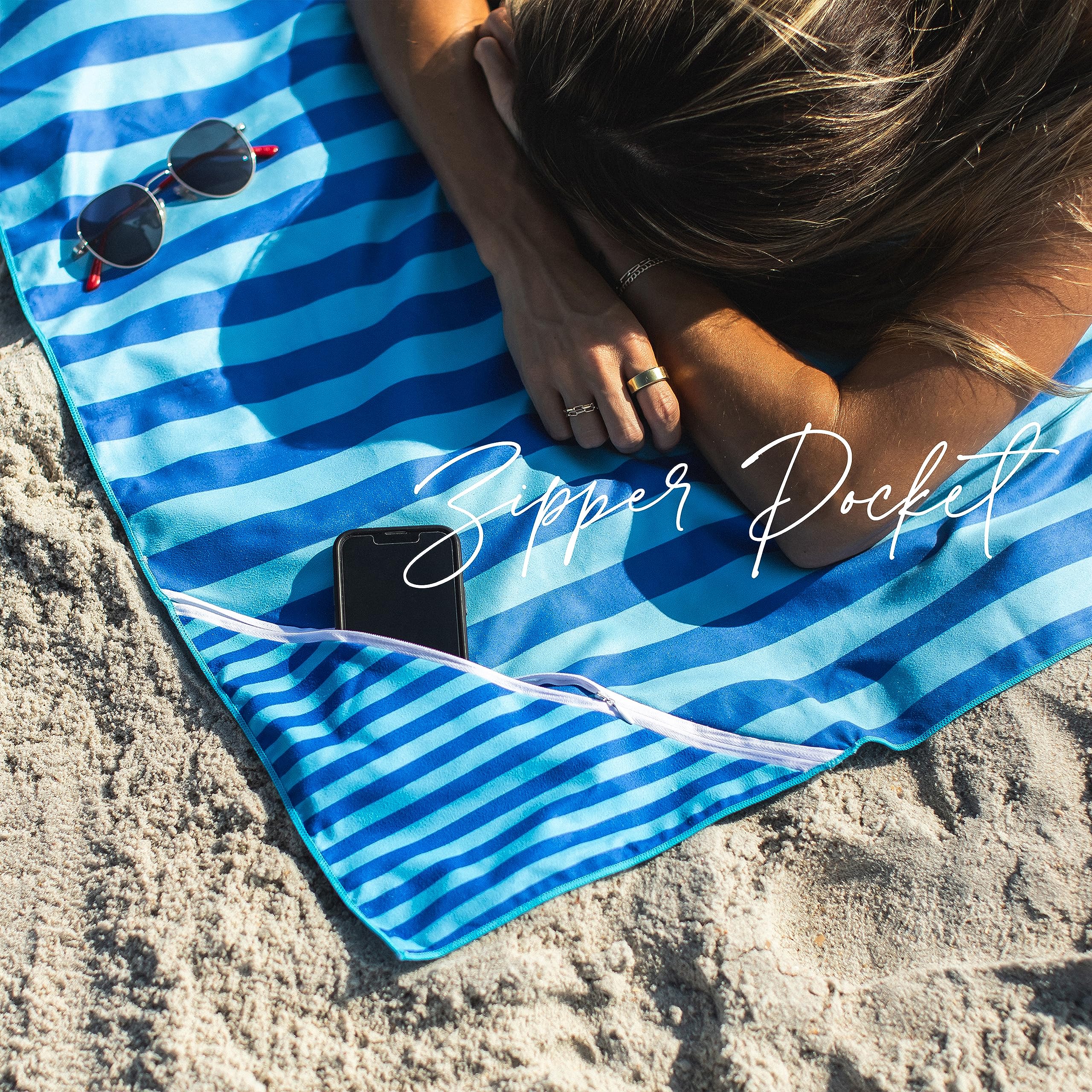 Simplii Sand Resistant Beach Towel - Zipper Pocket Feature, Compact, Lightweight, and Quick Drying Beach Towel