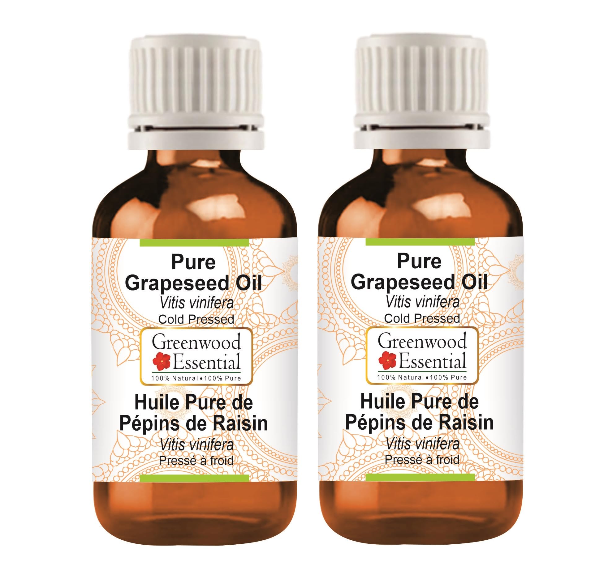 Greenwood Essential Huile de pépins de raisin pure naturelle (Vitis vinifera) pressée à froid, 100 ml x 2 (6,76 oz)