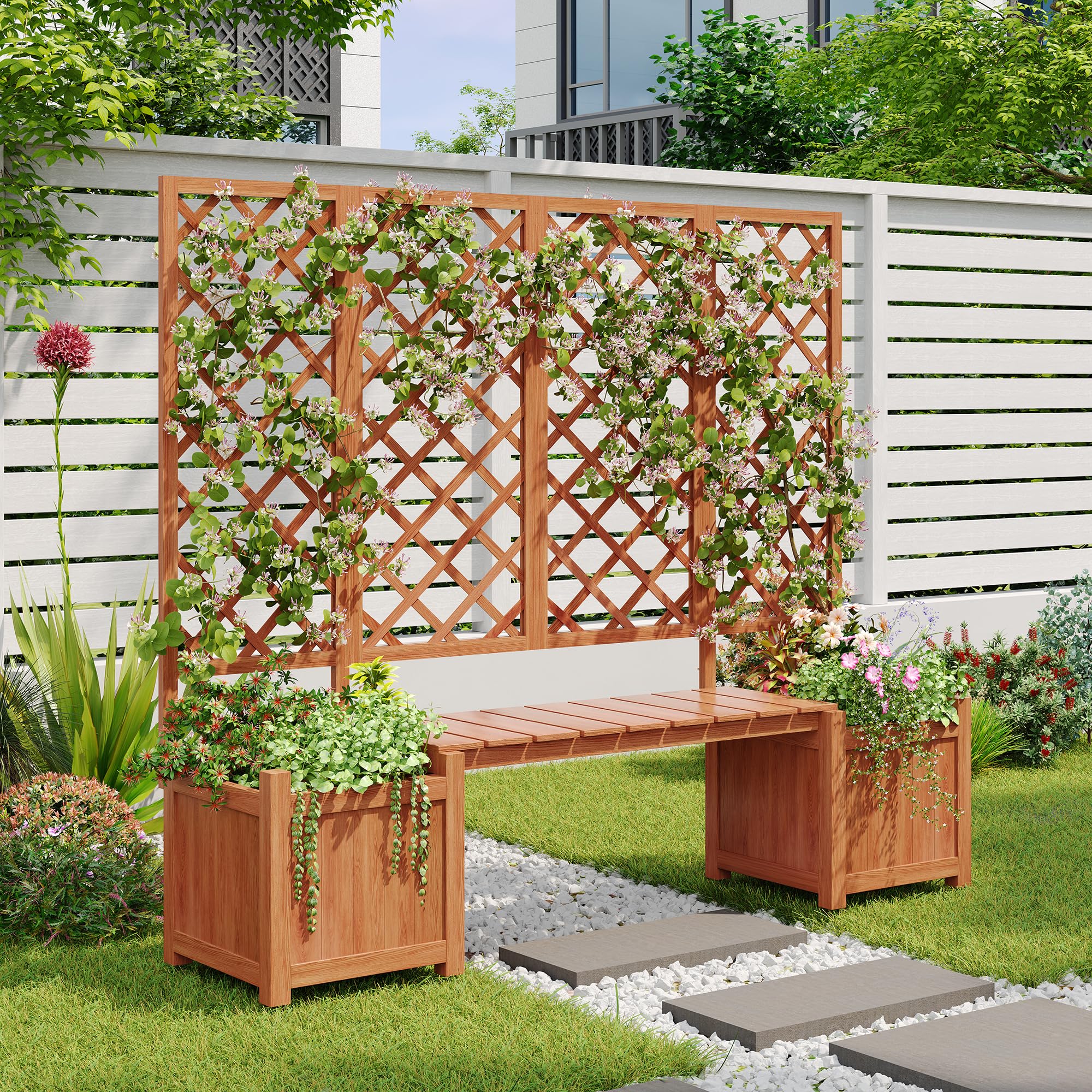 Pflanzkübel Pflanzgefäß mit Spalier als Rankhilfe Blumenkübel mit viel Platz Blumenkasten Pflanzenkasten Braun Massivholz Tanne Pflanzkübel mit Spalier und Sitz für Garten Hof Terrasse