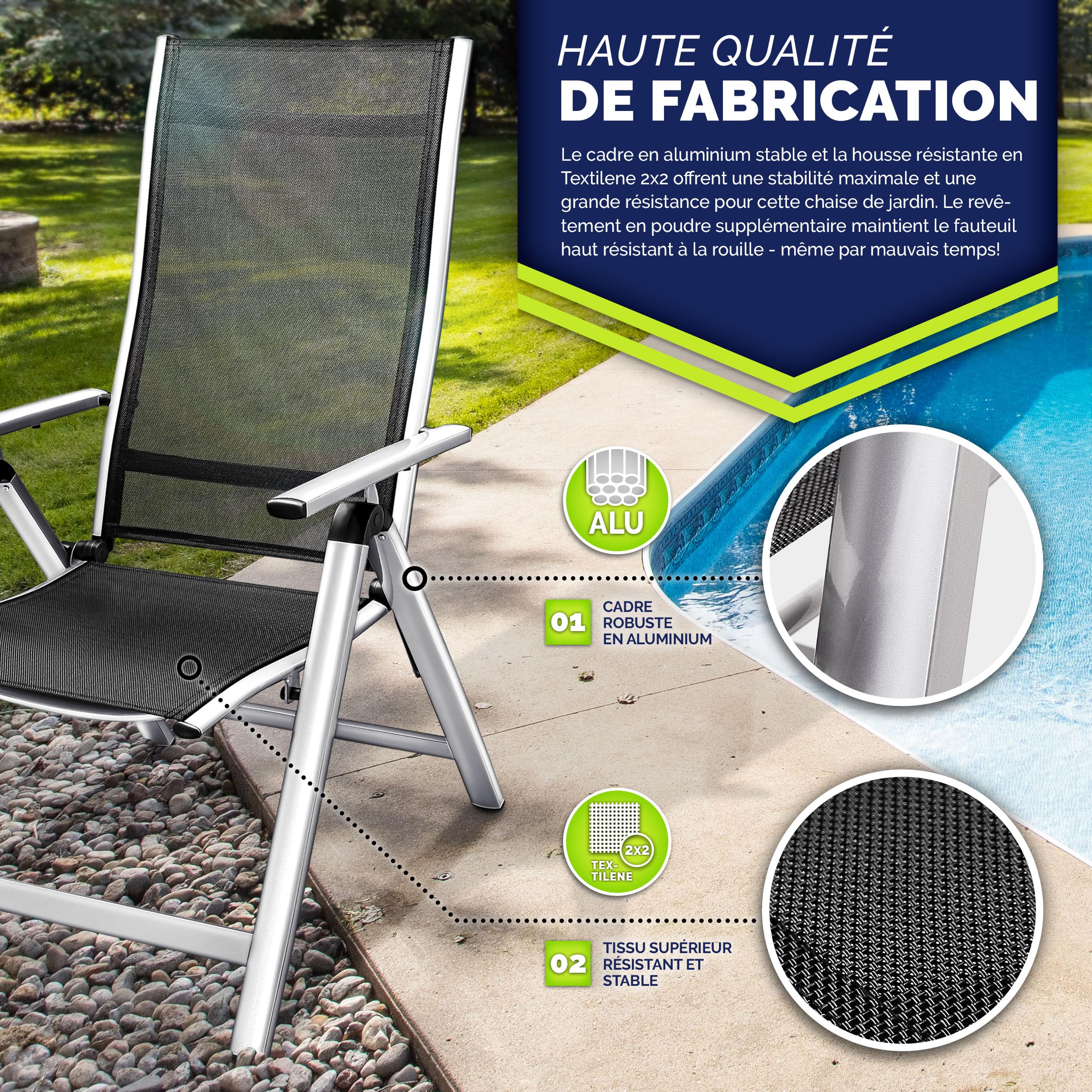 tillvex® Lot de 2 chaises de jardin à dossier haut, pliables, avec