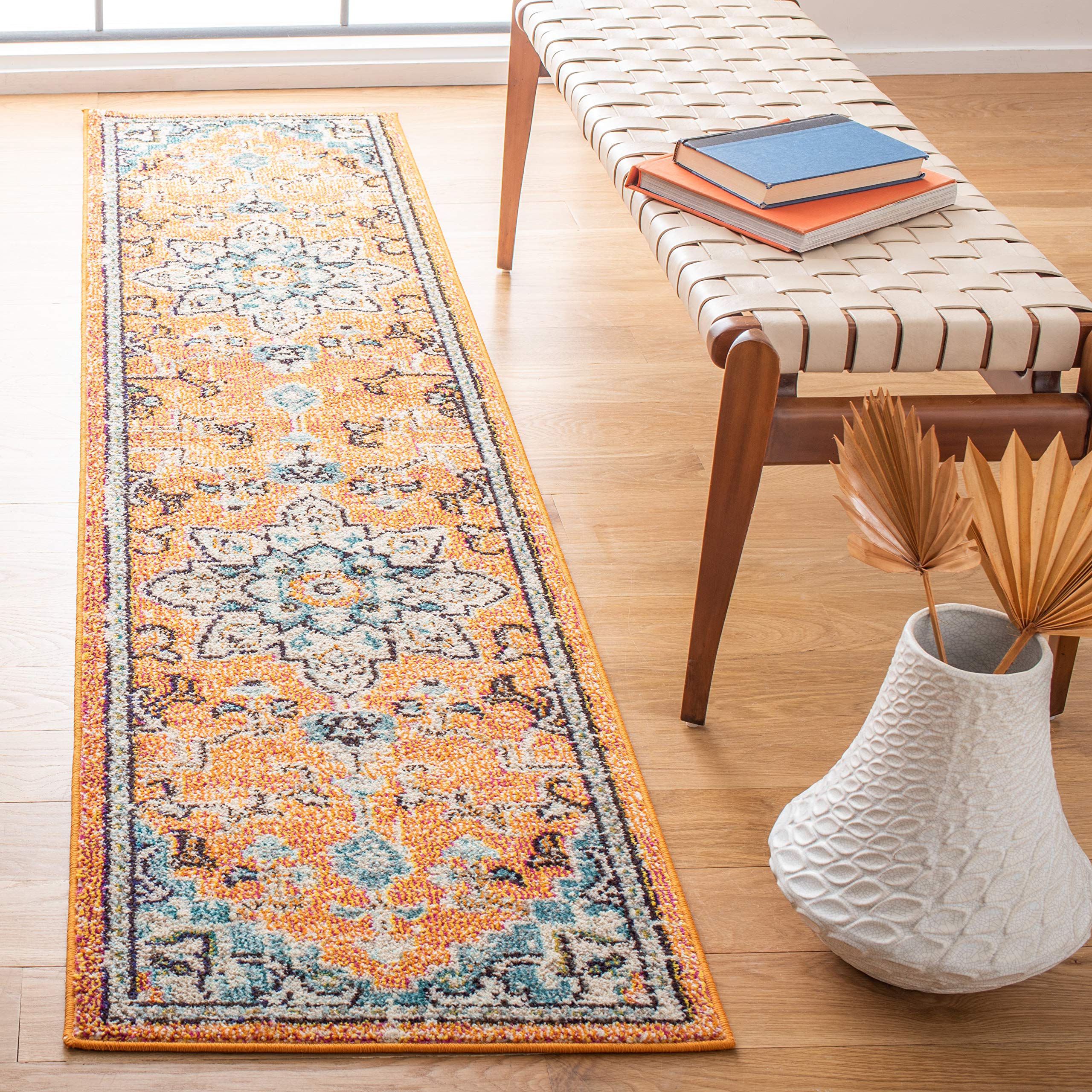 SAFAVIEH Madison Collection Runner Rug - 2'2" x 6', Orange & Teal, Boho Chic Distressed Medallion Design, Non-Shedding & Easy to Clean, Ideal for