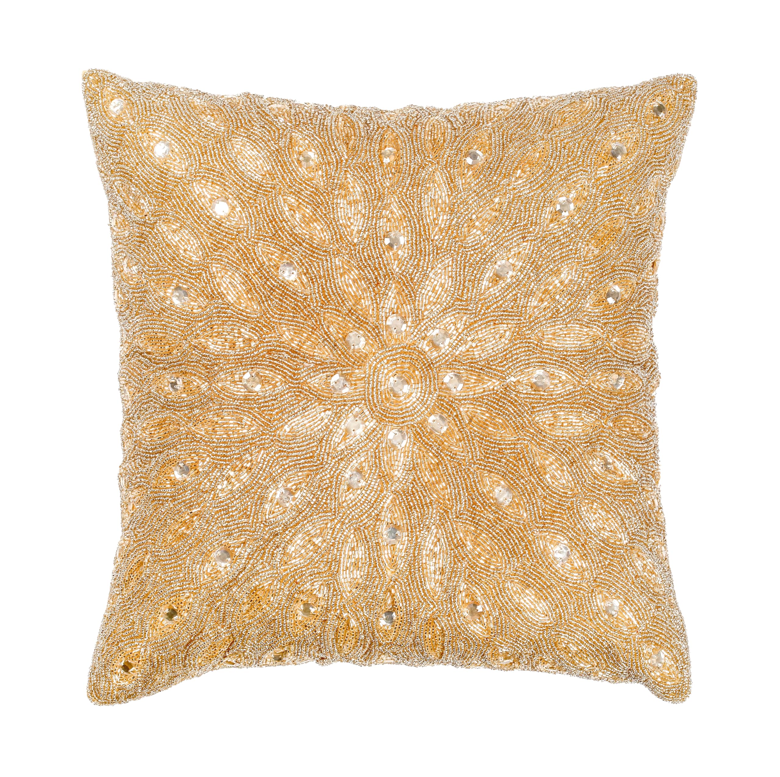 Lightnpro Handmade Gold Beaded Pillow Cover - 16x16 Inch, Elegant Sparkle Decorative Cushion for Sofa, Couch, Bed and Living Room Décor - Cover Only (