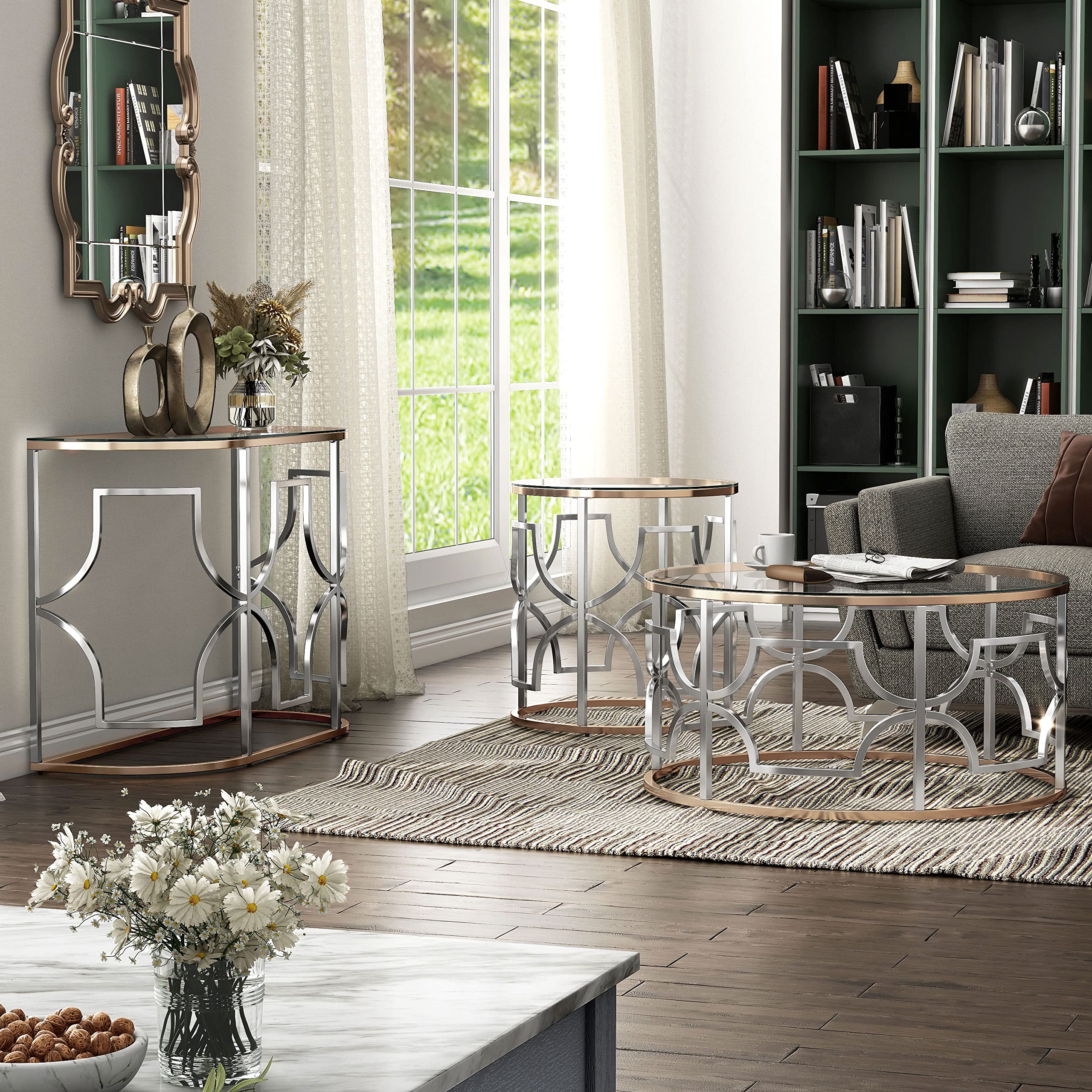 Furniture of AmericaAdela Glam Modern Style 3-Piece Coffee Table Set, Chrome and Gold Steel with Tempered Glass Accent Furniture for Living Room, Apartment, Small Space