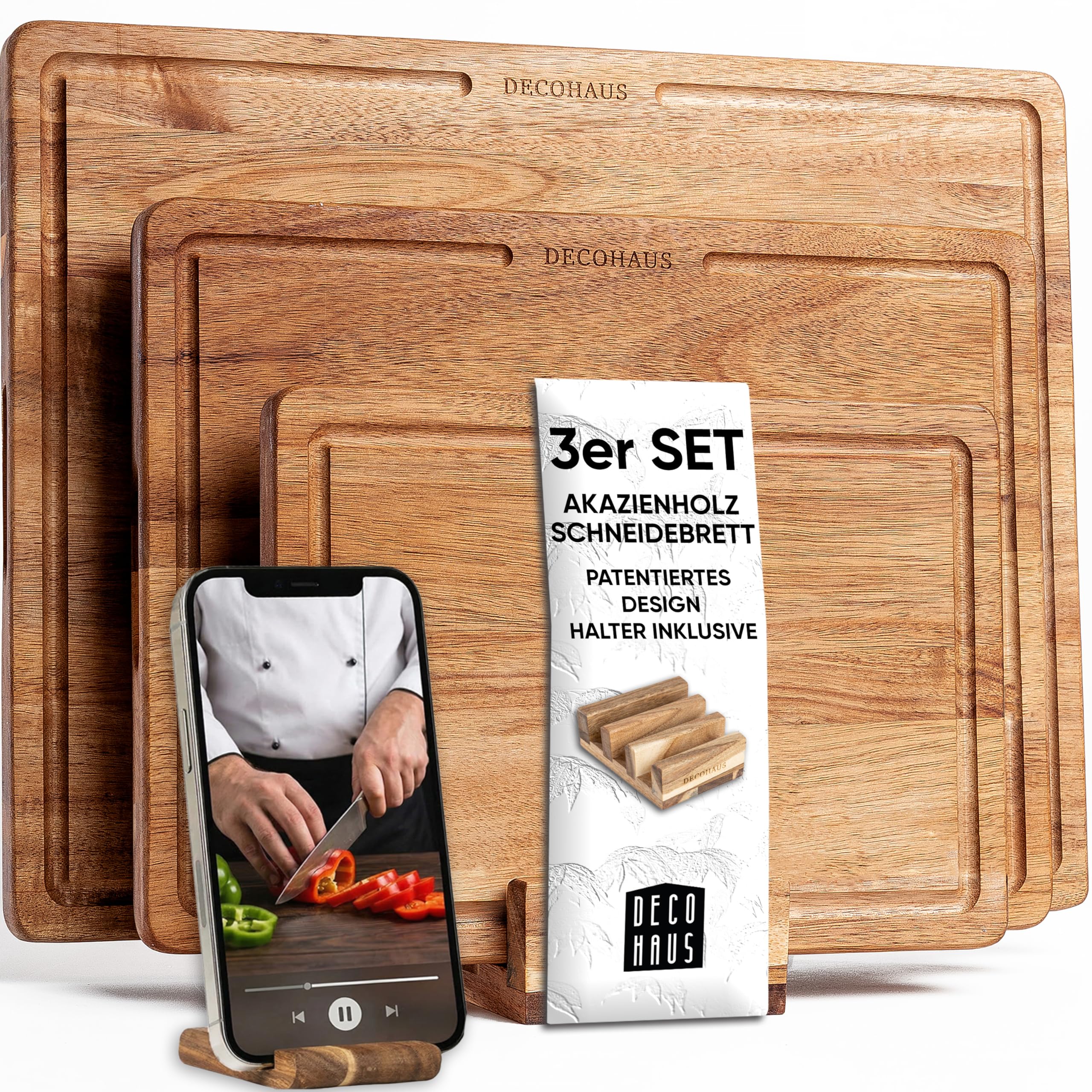 Deco haus Schneidebrett Holz 3er Set aus Robustem Akazie [2cm DICKE] - Schneidebretter mit Saftrille - Holzbrett Küche 40x30, 33x24, 26x18 Holzbretter - Wooden Cutting board set - Holzschneidebrett