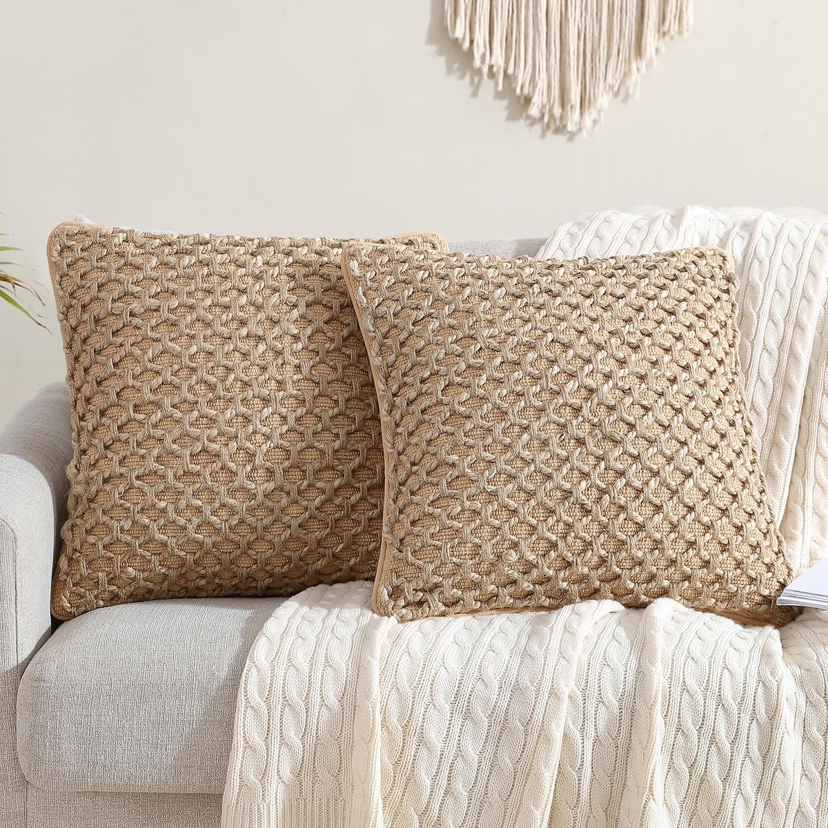 Jada Decorative Throw, Includes Accent Insert, Premium Woven Design, Living Room Décor, (2) 20" x 20" Pillow Covers, Beige 2 Count