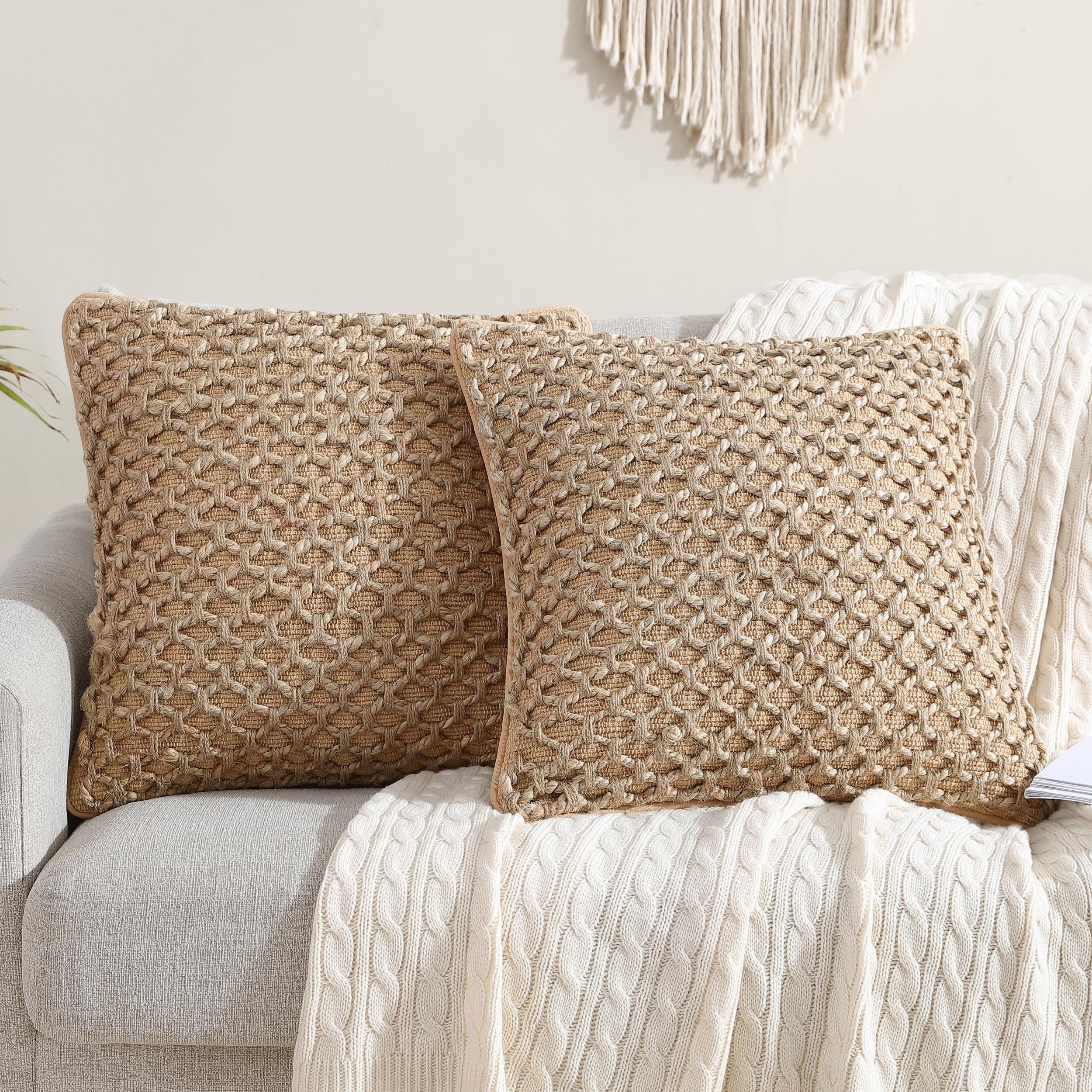 Boho Living Jada Decorative Throw, Includes Accent Insert, Premium Woven Design, Living Room Décor, (2) 20" x 20" Pillow Covers, Beige 2 Count