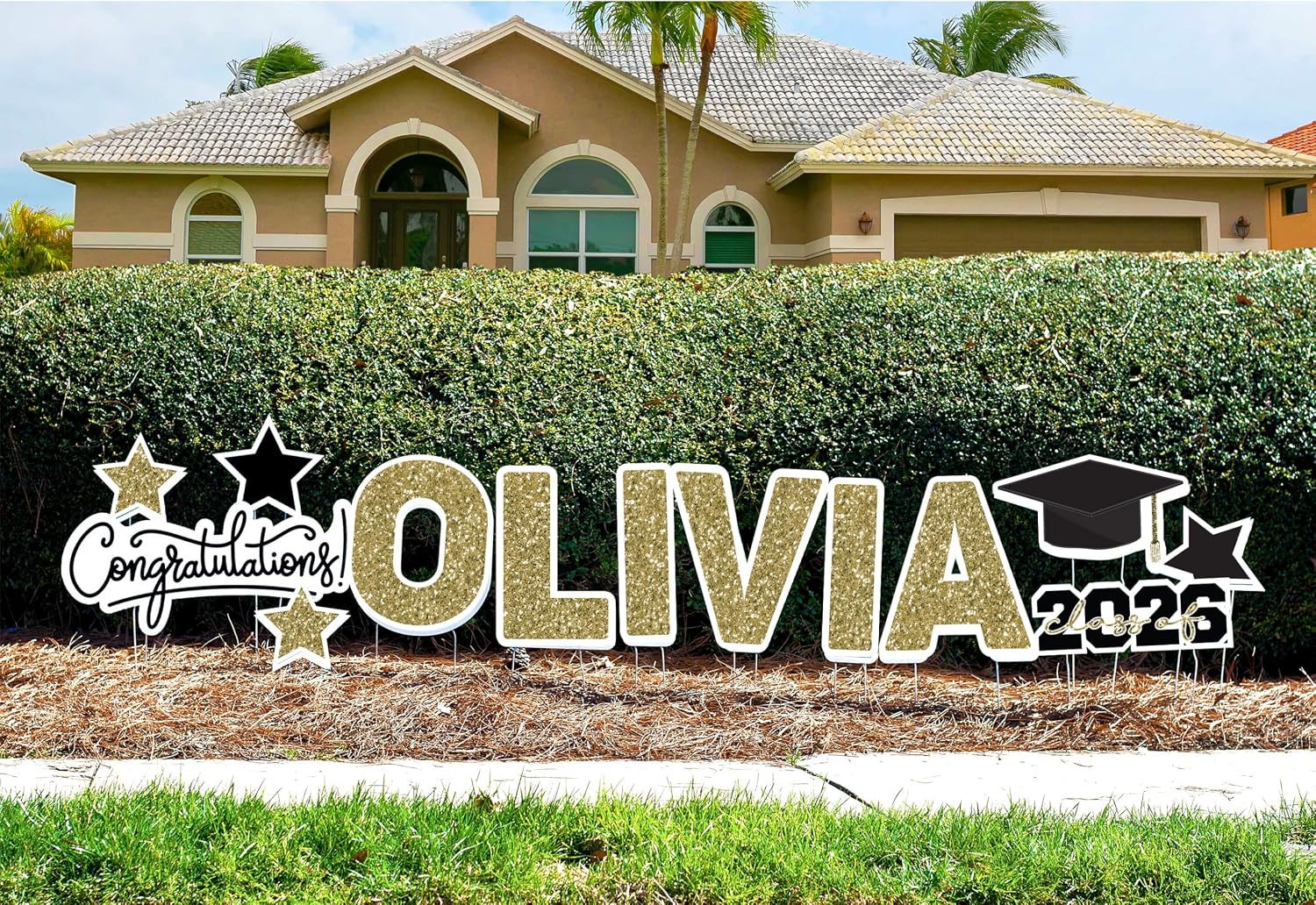 2026 Graduation Yard Sign: Personalized Name, SIMULATED Glitter Lawn Letters