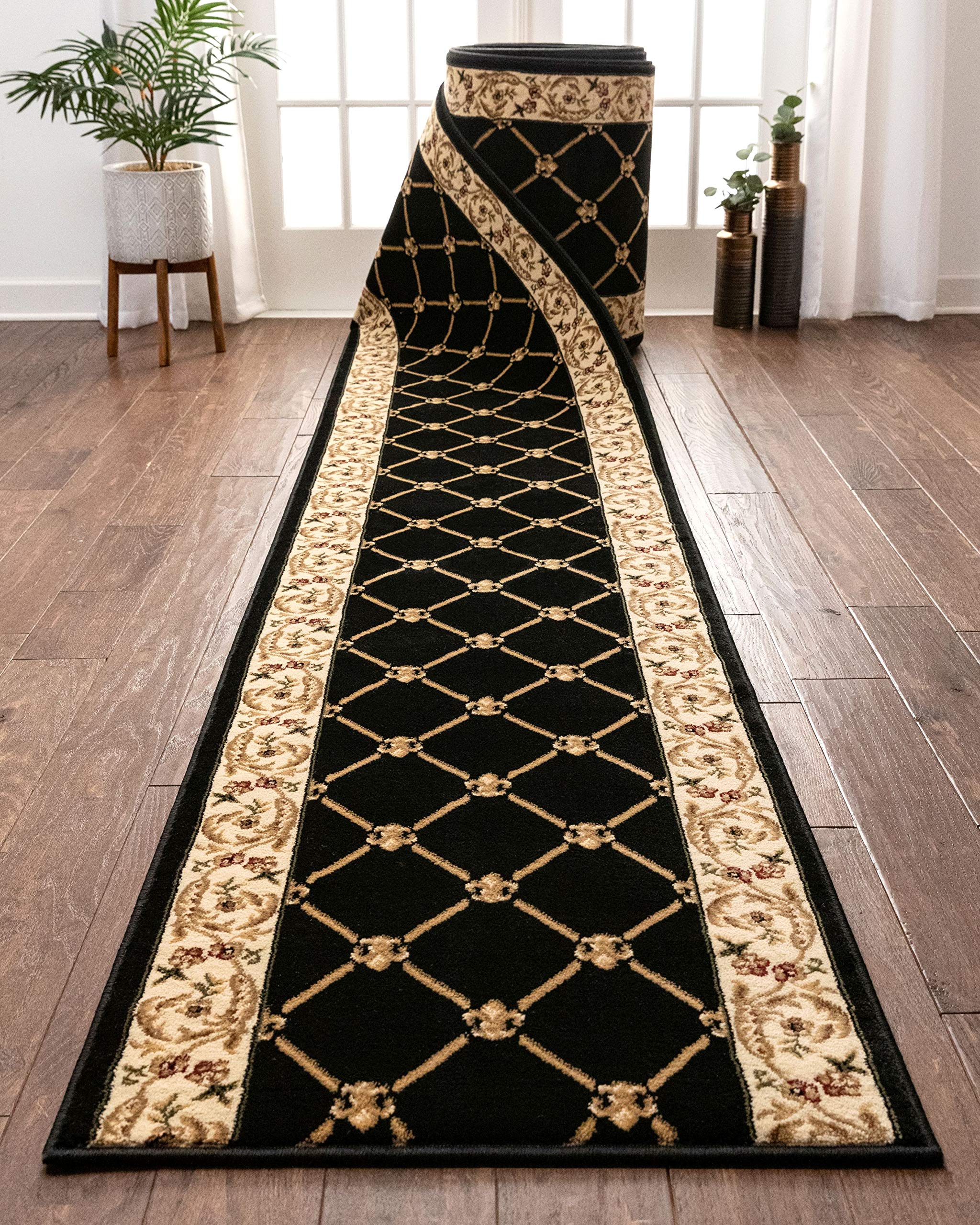 Well WovenCustom Size Hallway & Stair Runner- Choose Your Length - Patrician Trellis Black French Traditional 27 Inch Wide x 8 Feet Long Runner (27" x 8' Runner) Rug