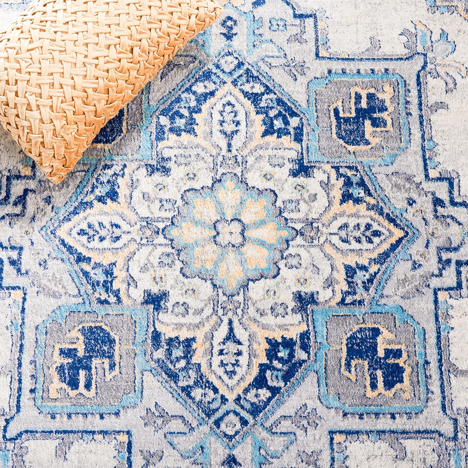SAFAVIEH Brentwood Collection Area Rug - 6'7" Square, Aqua & Light Grey, Oriental Medallion Design, Non-Shedding & Easy Care, Ideal for High Traffic Areas in Living Room, Bedroom (BNT861K)