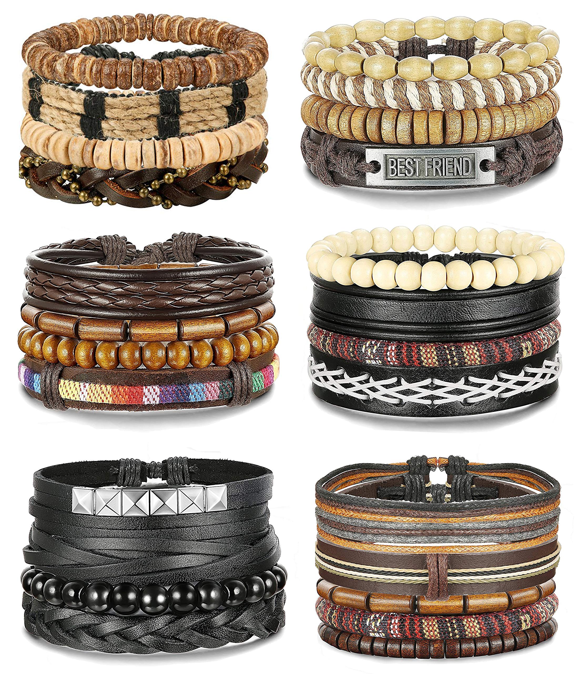 FIBO STEEL10-32 Pcs Braided Leather Bracelets for Men Women Cool Wrist Cuff Bracelet Adjustable