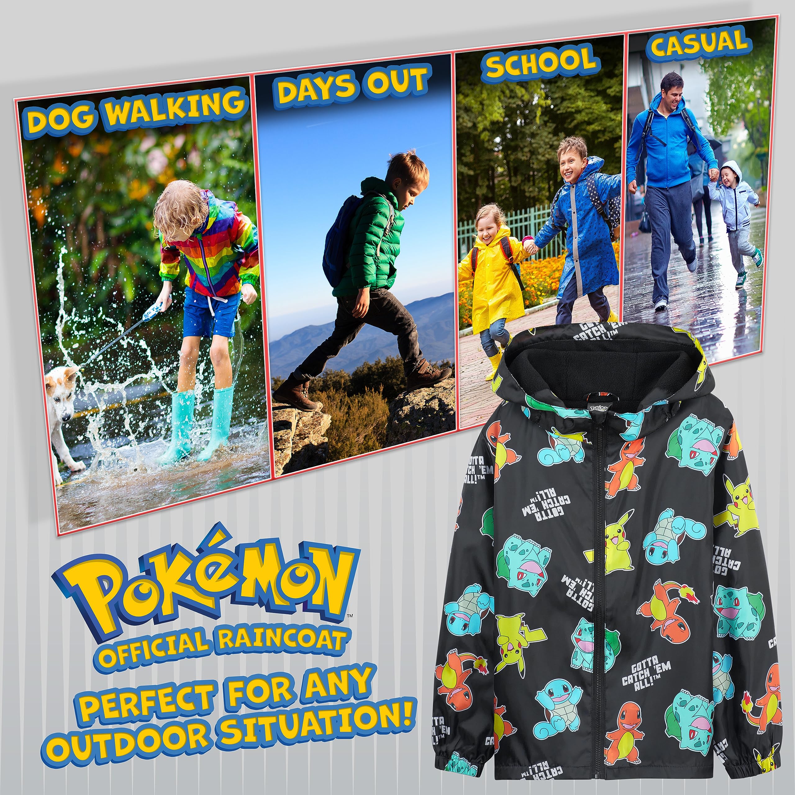 Pokémon Impermeable Enfant Garcon, Veste de Pluie Enfant Doublure en Polaire, Vêtement de Pluie Enfant Ado 4-14 Ans