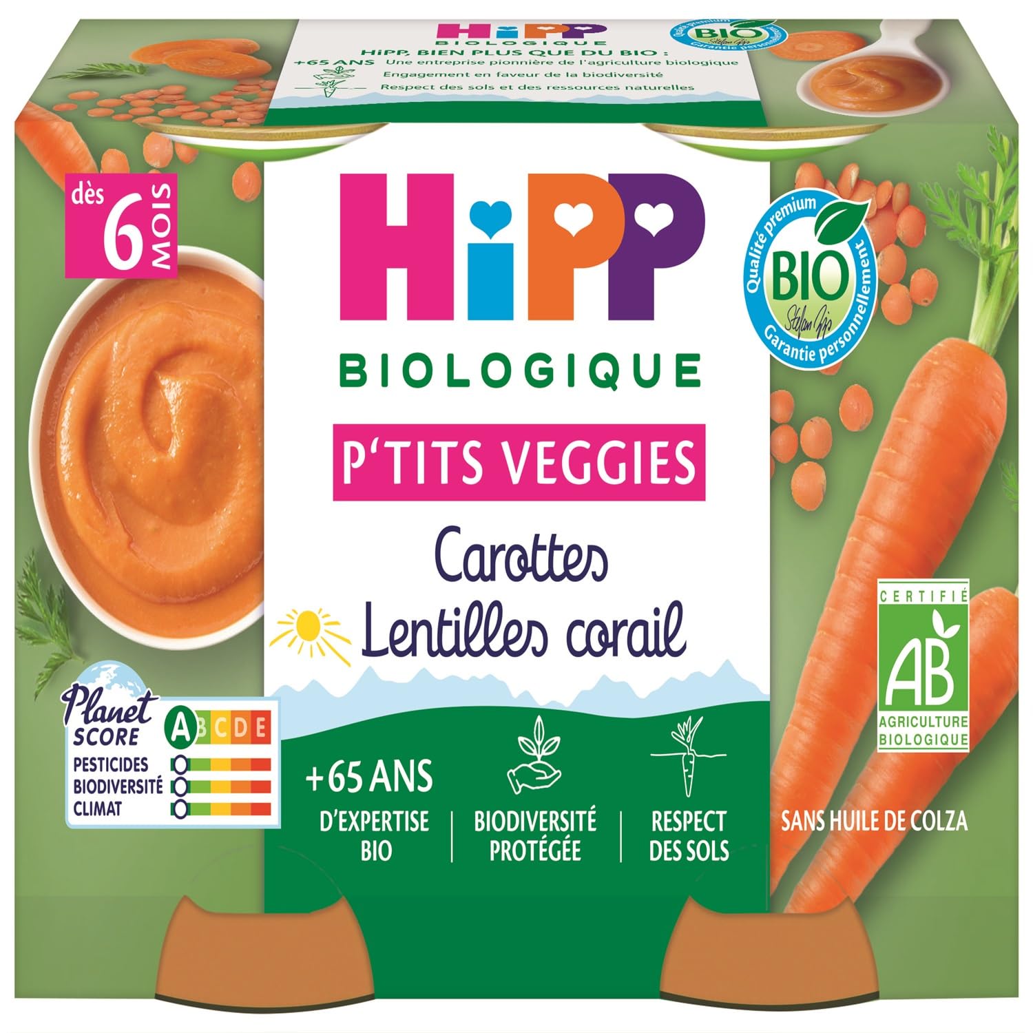 HiPP - P'tits Veggies - Carottes Lentilles Corail - Pots 2x125g - Lot de 6 - BIOLOGIQUE