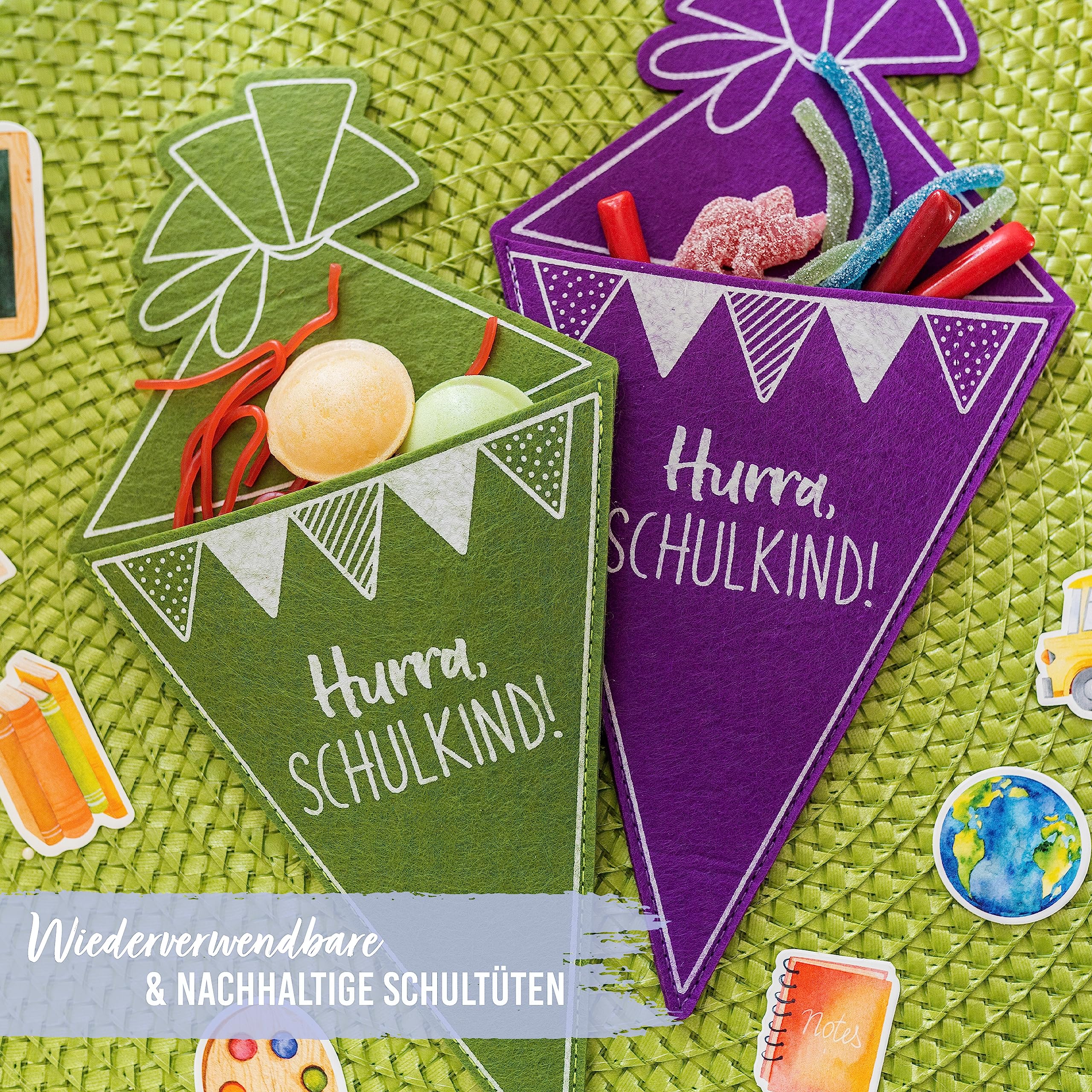 Papierdrachen 4 Colourful Felt School Cones, Cutlery Bag or Gift Bag, Great Attention for the Very First Day of School - Image 3