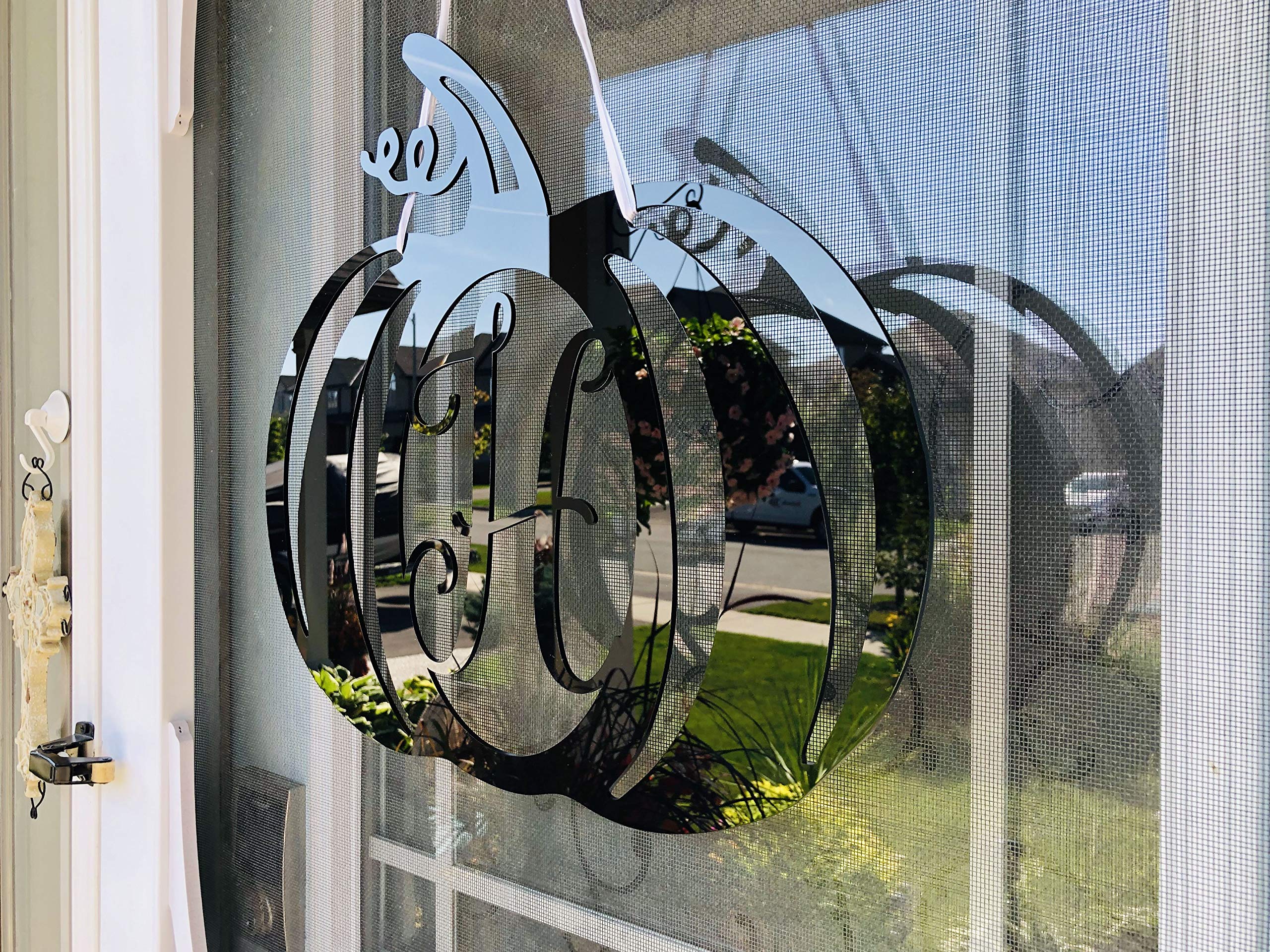 DistinctAndUnique (Black Acrylic, T) Halloween Pumpkin Monogram Door Hanger - Seasonal Decorative Wreath Decor Personalized Letters Rustic Fall Autumn Decoration