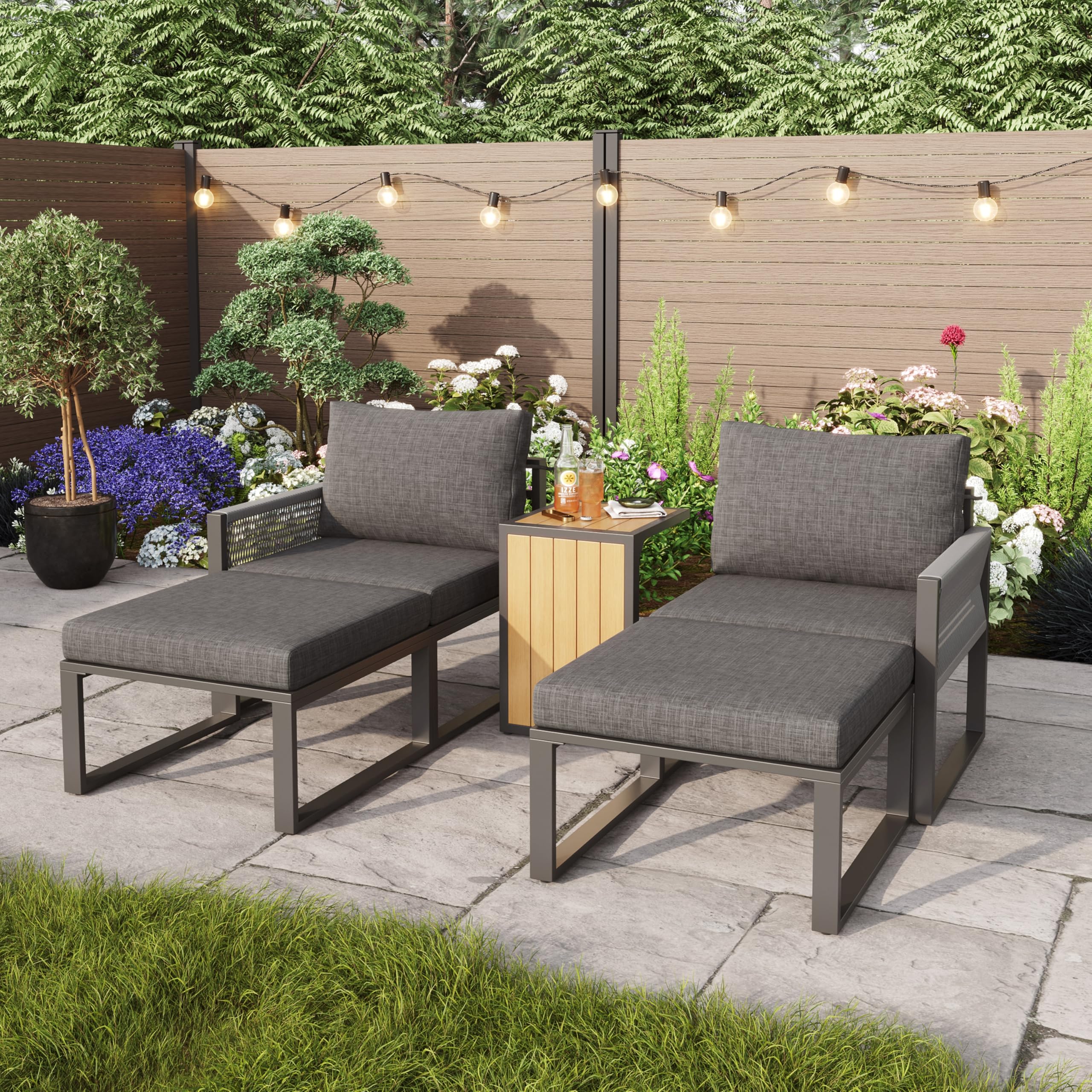 ModernLuxe 2–4 Seater Modular Garden Furniture Set, Flexible Corner Sofa with Polyester Rope, Plastic Wood Table, Waterproof Linen Fabric, Weatherproof Outdoor Patio Lounge Set, Grey