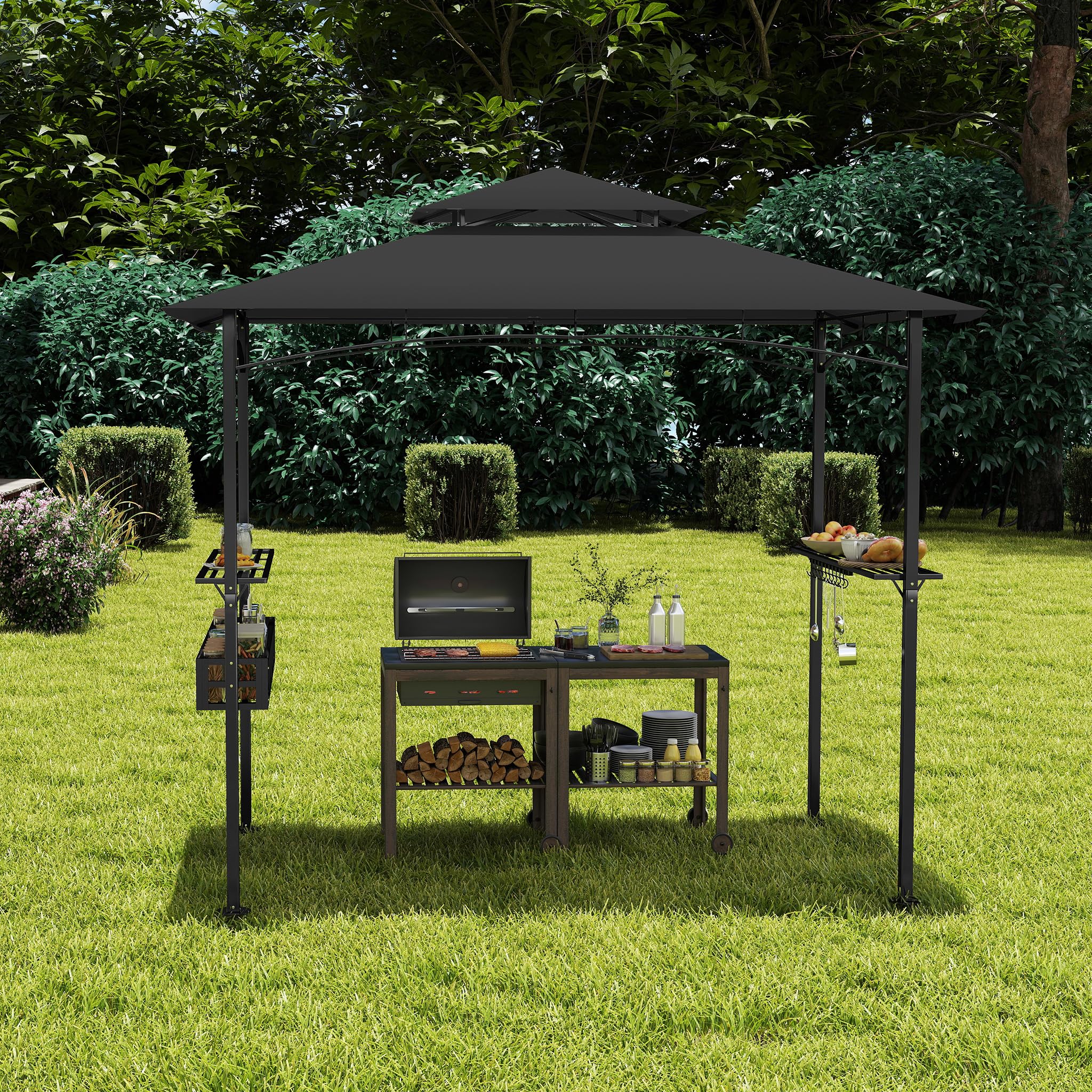 UISEBRT Gazebo per barbecue resistente all'inverno con telaio in metallo e tetto in poliestere, 245 x 153 x 250 cm, protezione da pioggia e sole, include cestino portaoggetti, gazebo per