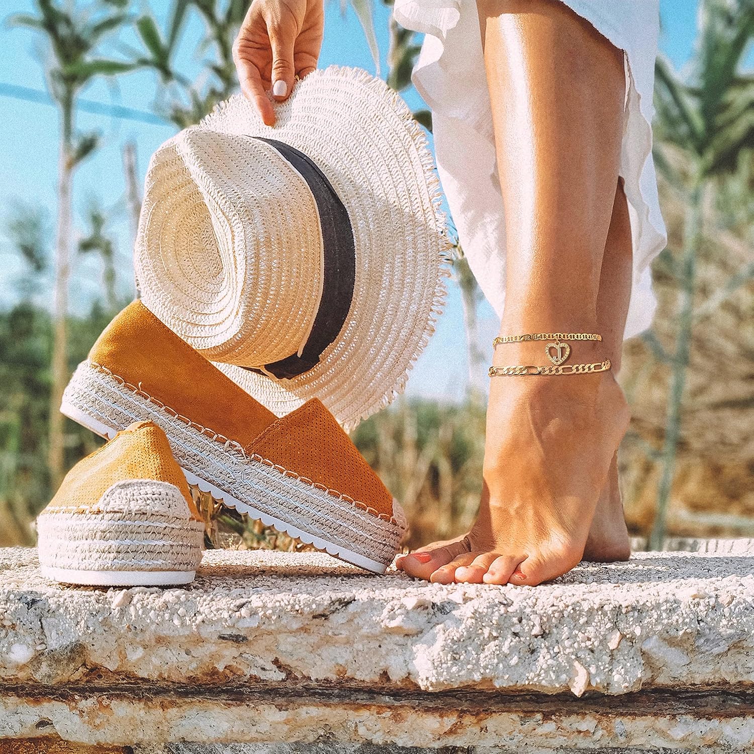 Initial Ankle Bracelets for Women 2pcs 18K Gold Plated Handmade Layered Letter Heart Figaro Chain Flat Mariner Anklets for Women Cute Summer Beach Foot Jewelry - Image 2