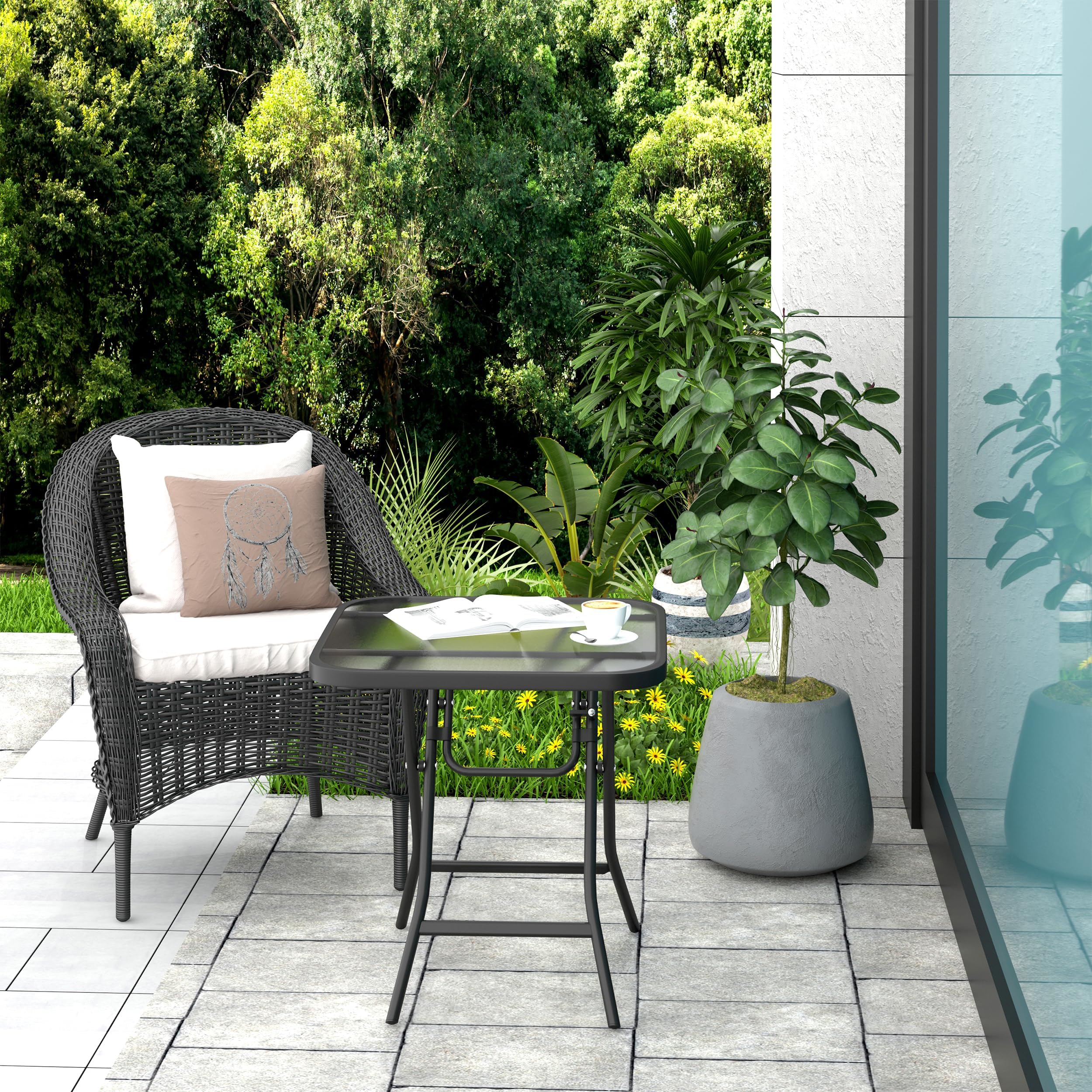 eSituro Klapptisch, Beistelltisch klappbar, Balkontisch Campingtisch Gartentisch Bistrotisch, mit Metallrahmen, rechteckige Tischplatte aus gehärtetem Glas, 46x46x48cm, Schwarz+transparent