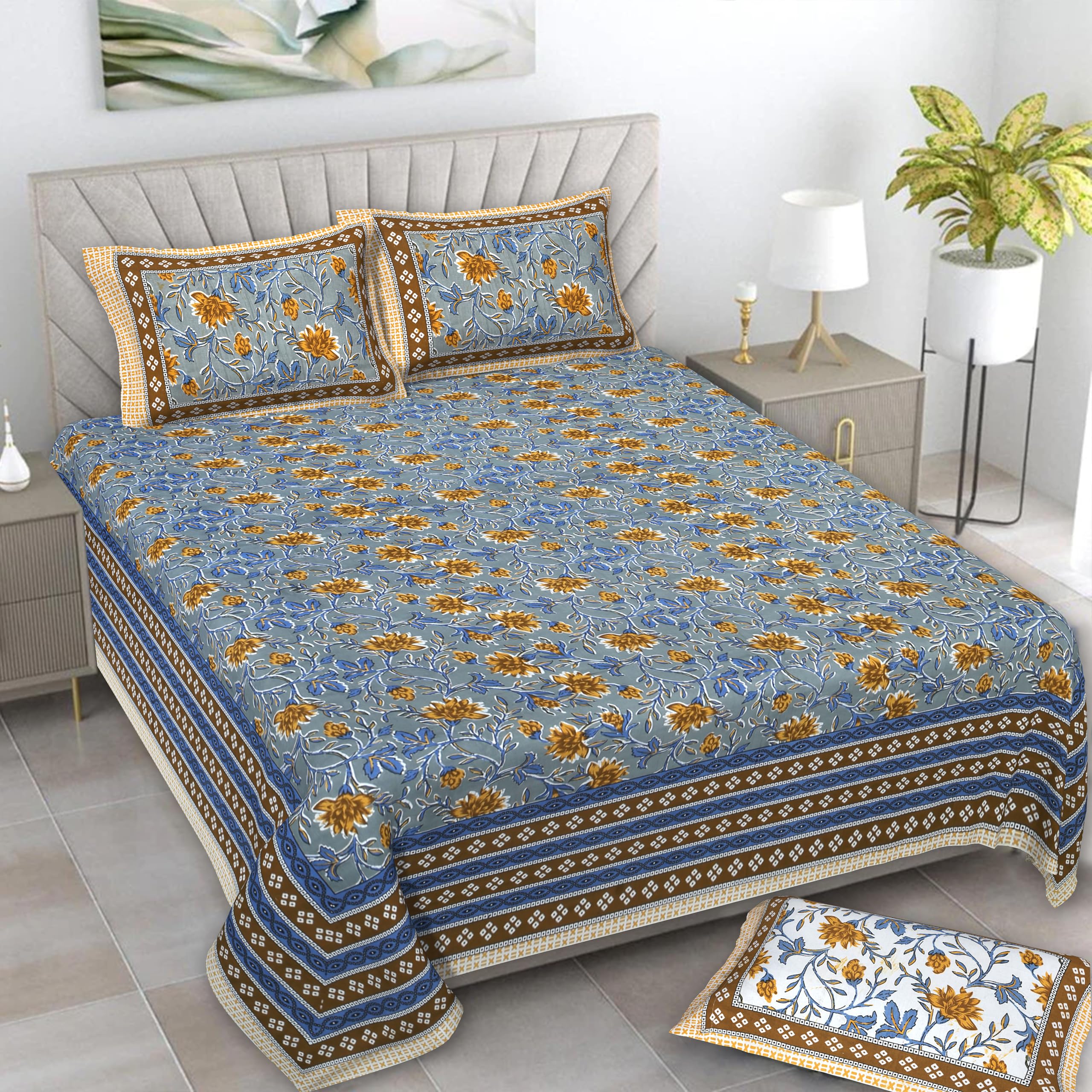 ECOM Studio® Pure 100% Cotton Double Bed Sheet Quen Size with 2 Pillow Covers (Bedsheet for Double Bed Cotton, Jaipuri Print,(ESX-1012-Blue-Orange)