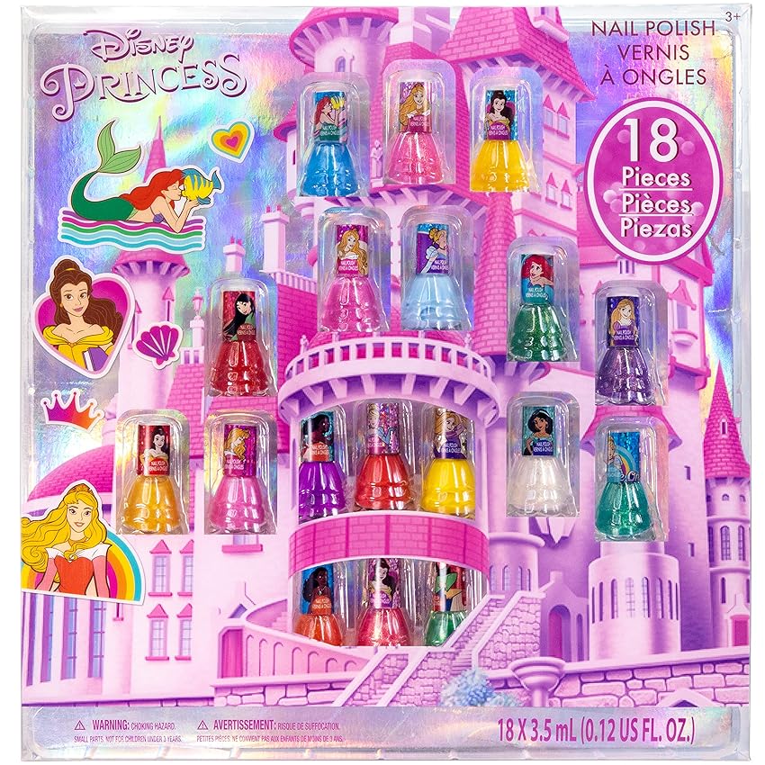 Immagine del prodotto Disney Princess - Townley Girl Castlebox Non Toxic Peel-Off Safe Quick Dry Nail Polish | Set regalo per bambine e bambine, prima principessa | Colori Opaco, Età 3+ (18 Pz)