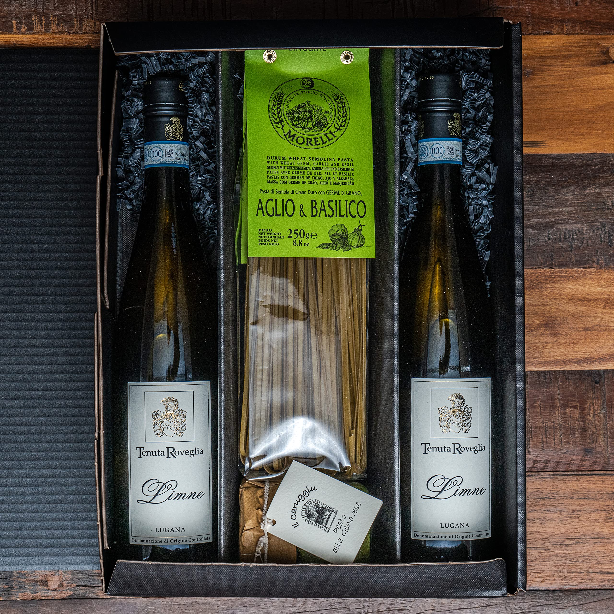 Geschenkkorb für Feinschmecker mit Lugana, Weißwein aus Italien, trocken, Pasta und Pesto alla Genovese. Eine leckere Geschenkidee für besondere Anlässe.