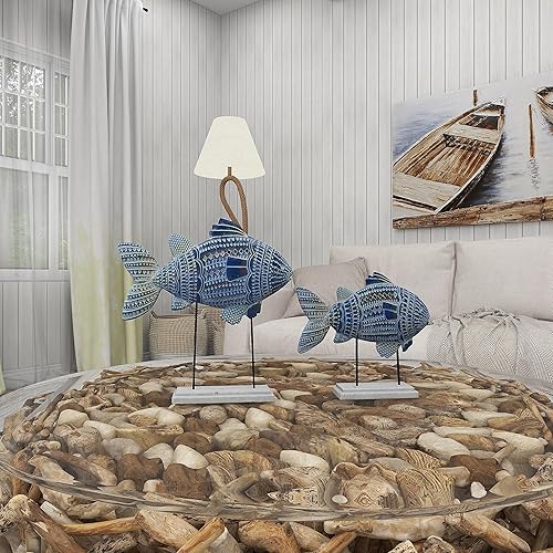 Miniatura 9 de Deco 79 Polystone - Escultura decorativa de peces tribales con detalles tallados blancos y detalles de espejo, juego de 2 figuras de acento de 14