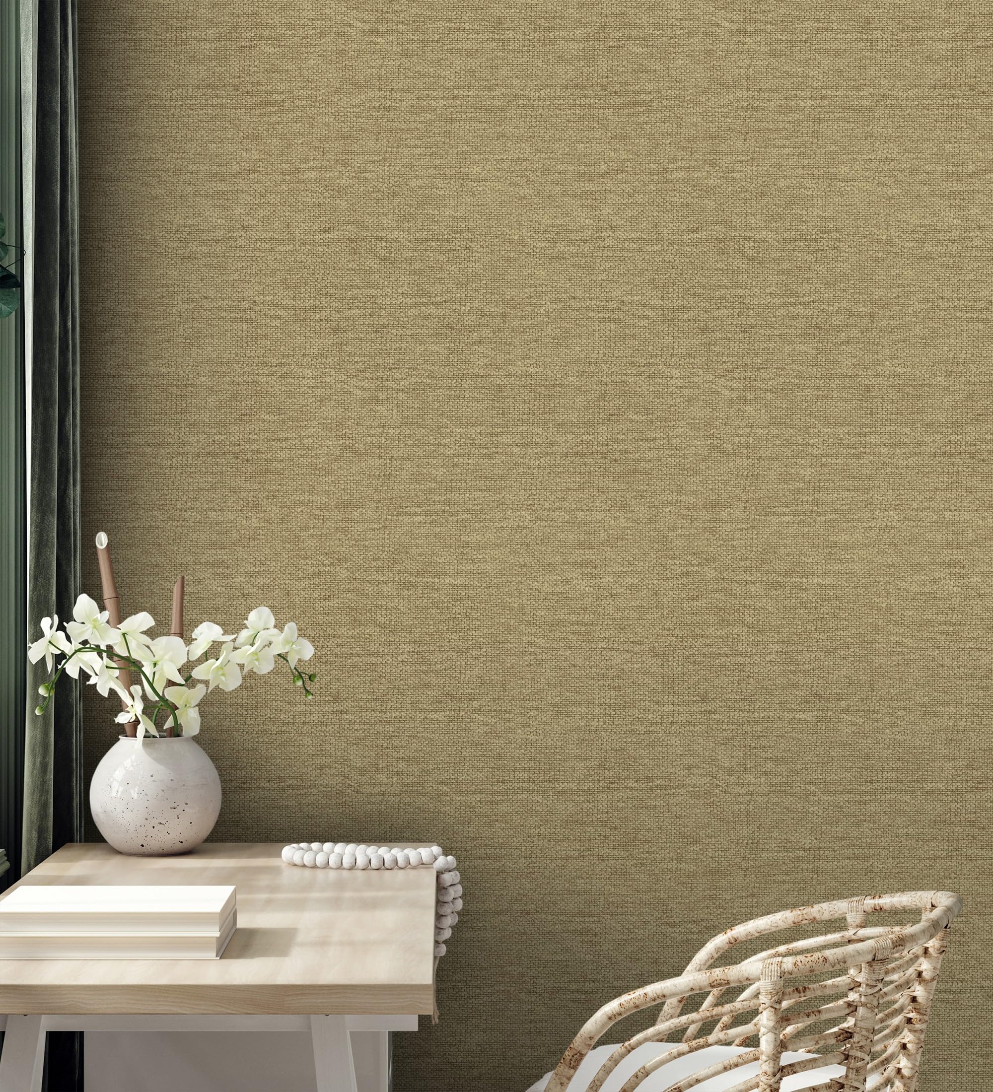 GAULAN 682881 - Papel pintado vinílico efecto fibra vegetal imitación rafia en relieve color oro viejo para pared salón cocina dormitorio pasillo - Rollo de 10 m x 0,53 m