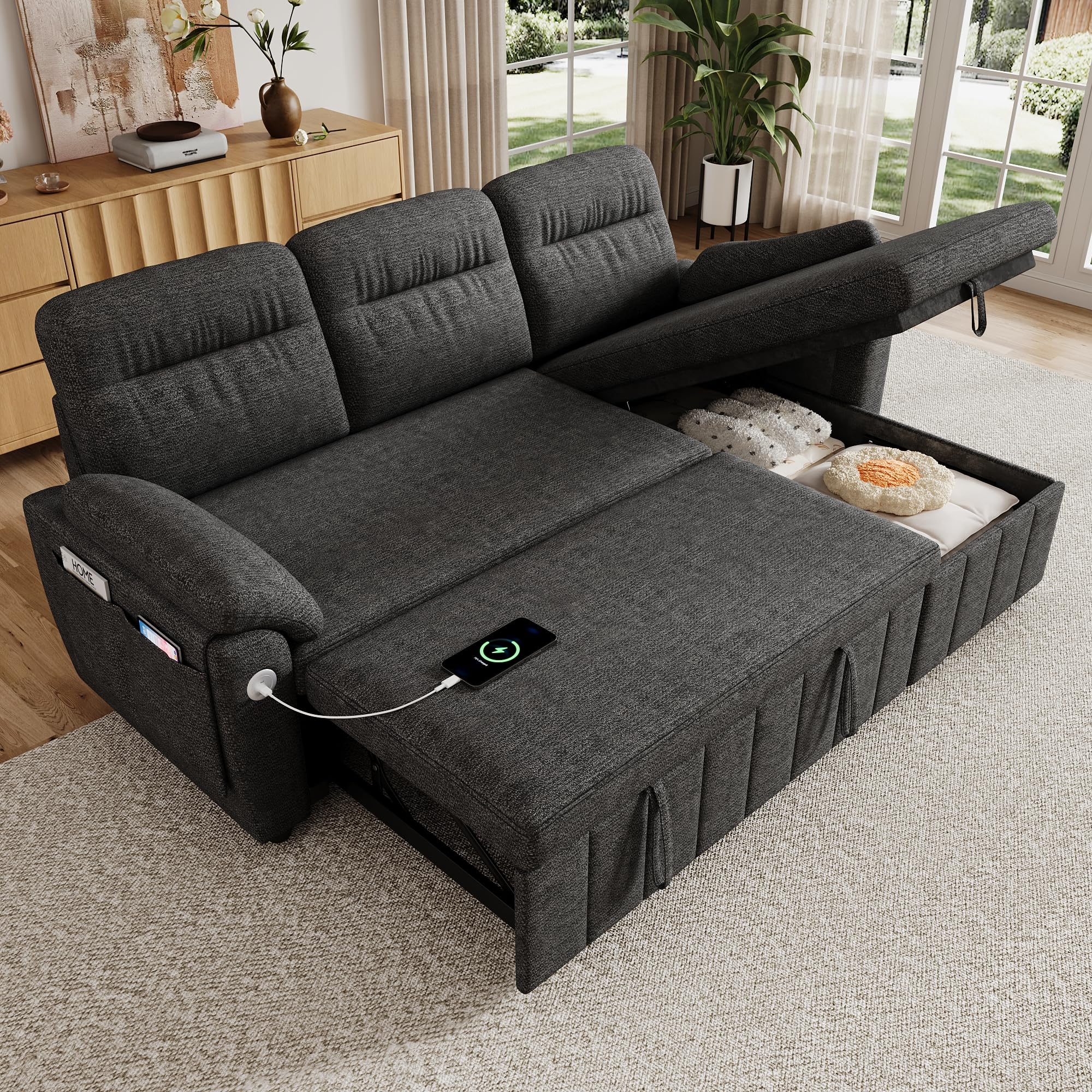 Sofá modular de 3 plazas con función cama extensible y USB/Type-C, sofá esquinero en forma de L con reposacabezas semifijos y compartimento de almacenamiento, sofás con chaise longue