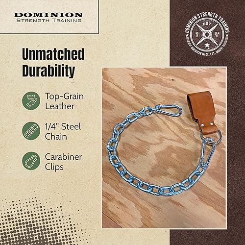 Miniatura 2 de Correa de cuero para cinturón de inmersión con cadena para levantamiento de pesas, para inmersiones y dominadas con peso, fabricada en los Estados