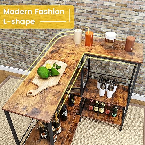 Miniatura 4 de kepptory Mesa de bar en forma de L mesa de bar de licor de 3 niveles con almacenamiento y soporte para vasos y reposapiés gabinete de bar de vino de