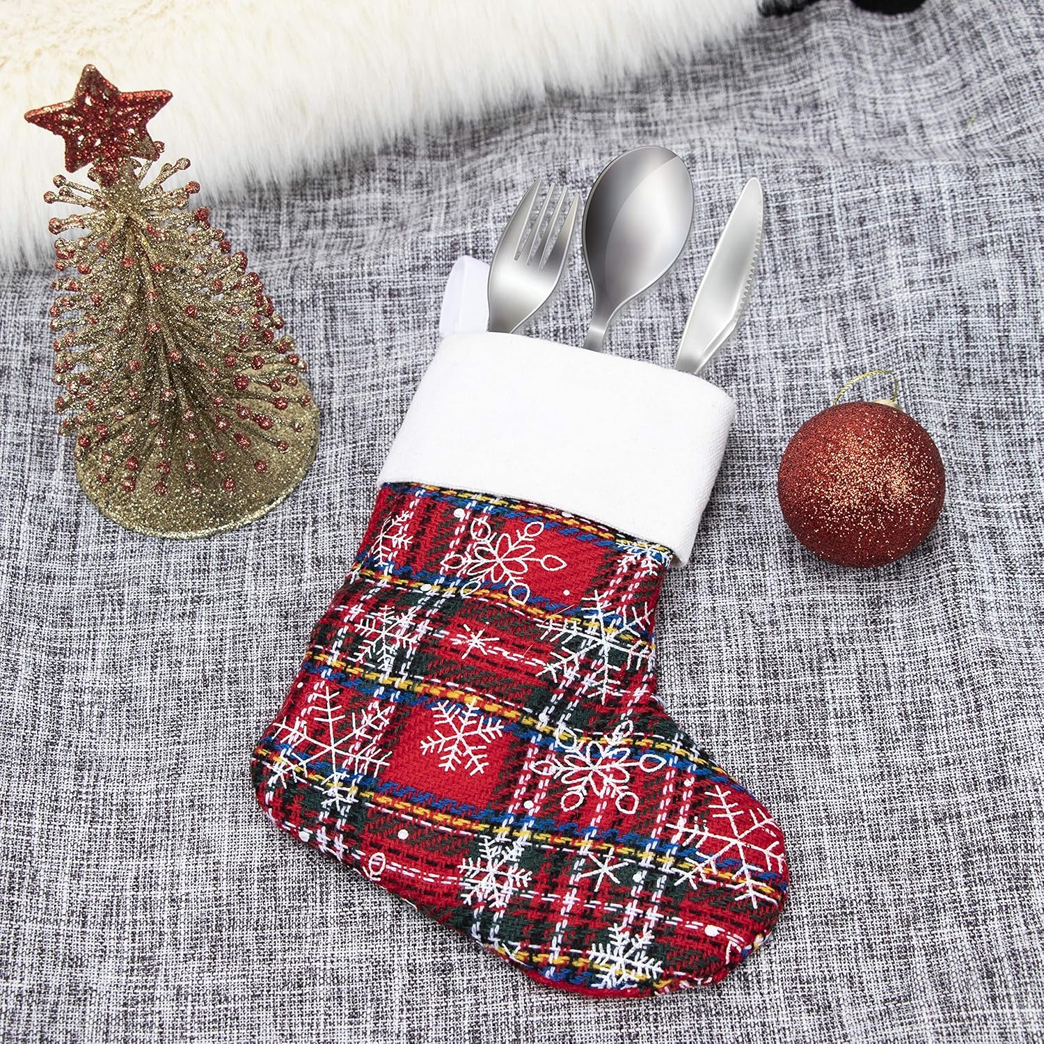 JEKOSEN Mini Christmas Stocking Ornament Glitter Plaid Snowflake Print Candy Gift Bag Holders for Kids, Xmas Tree, Home, Garden, Family Fireplace Decorations (16)