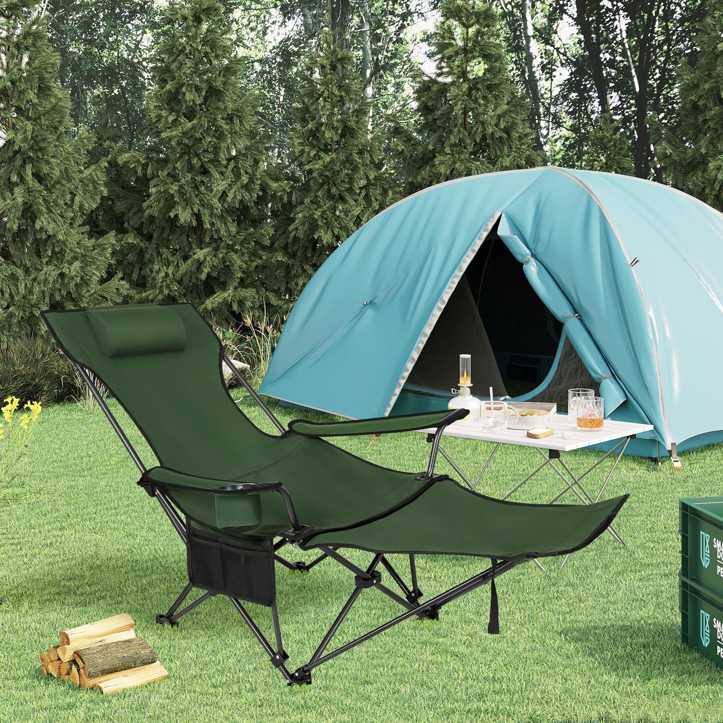 WOLTU Set di 2 Sedia da Campeggio Portatile Reclinabile, Sedia Pieghevole Esterno con Poggiapiedi, Poggiatesta e Borsa da Trasporto, per Pesca, Giardino, Verde