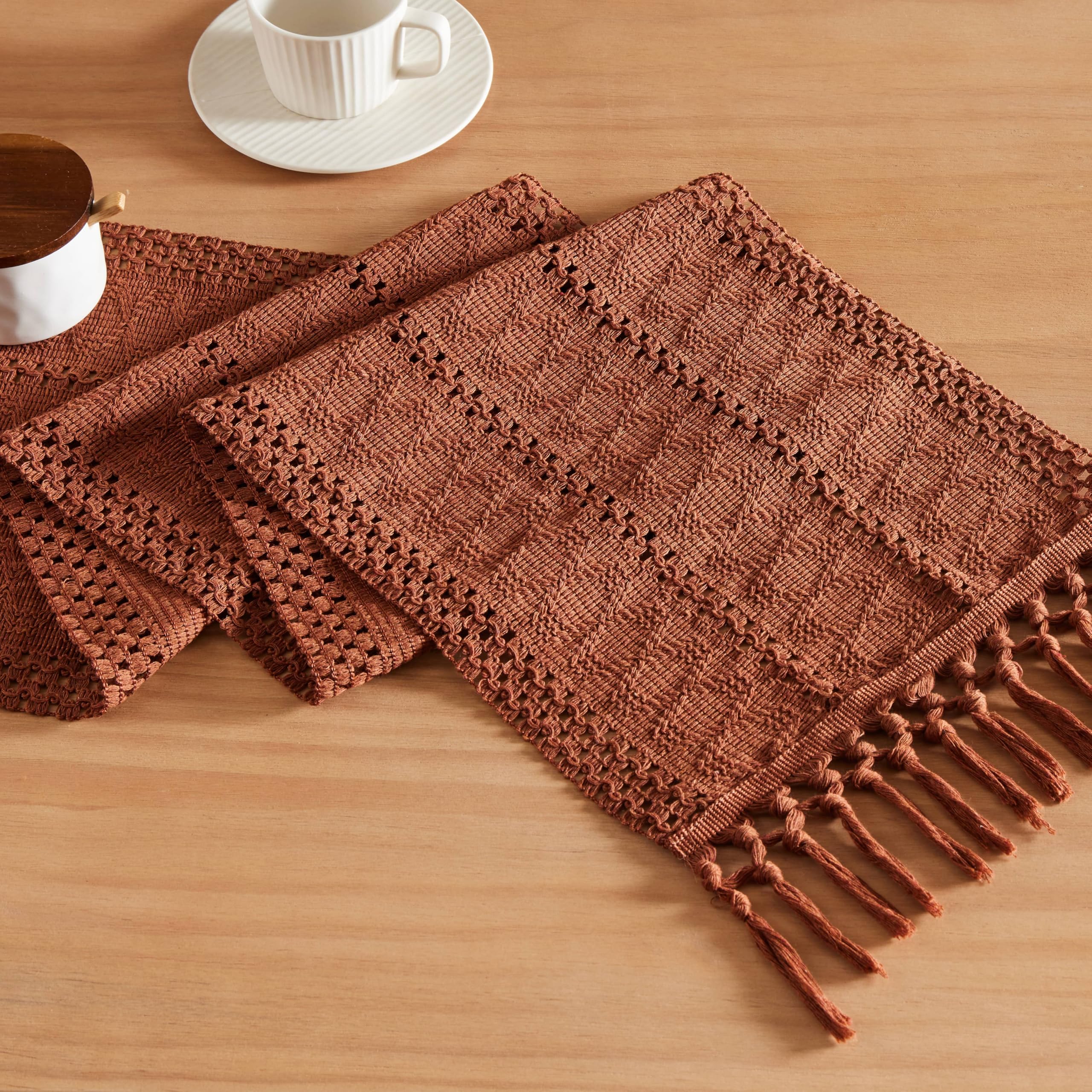 ZeeMart Macrame Style Boho Table Runner, Terracotta Table Runners 72 Inches Long, Farmhouse Woven Home Decor, 12x72 Inch, Terracotta