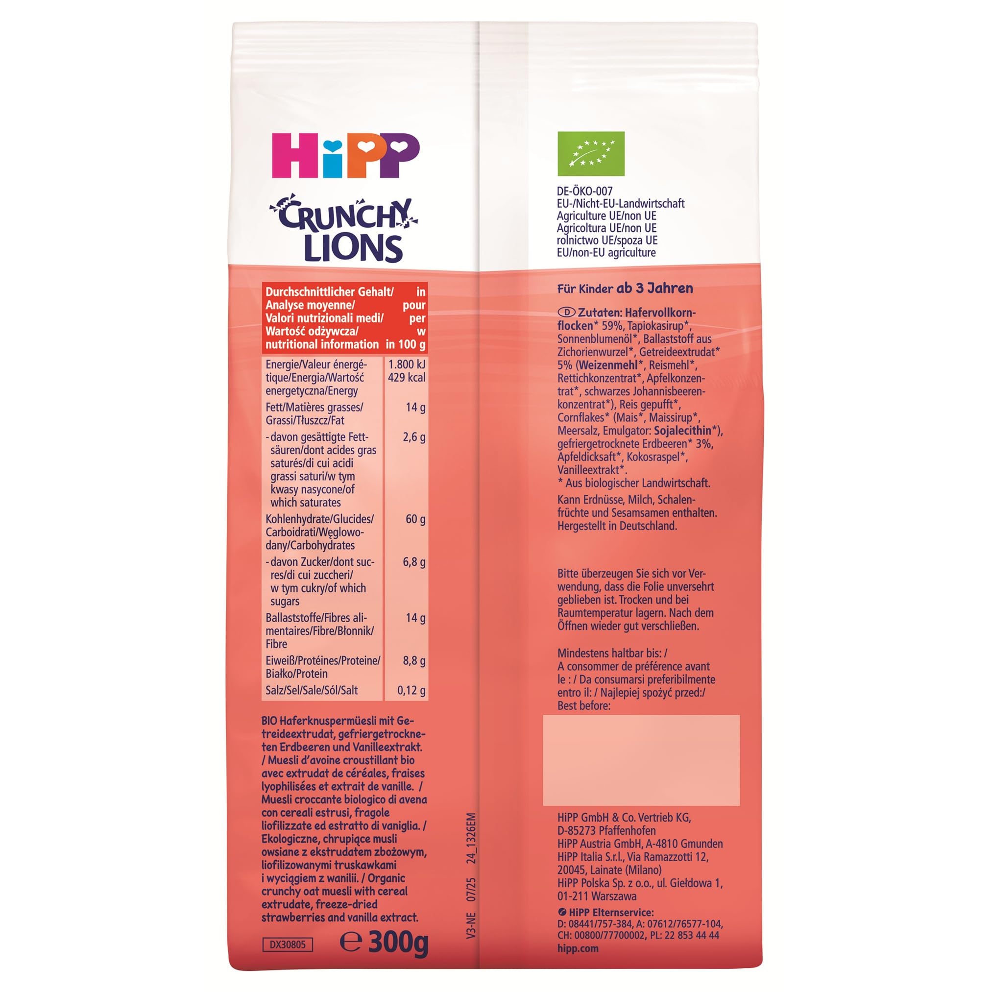 HiPP Bio Crunchy Lions Erdbeer-Vanille Müesli (5 x 300g), Kinder Frühstücksmüsli, Knuspermüsli mit gefriergetrockneten Erdbeeren und Vanilleextrakt, mit Tapiokasirup gesüßt, ab 3 Jahren