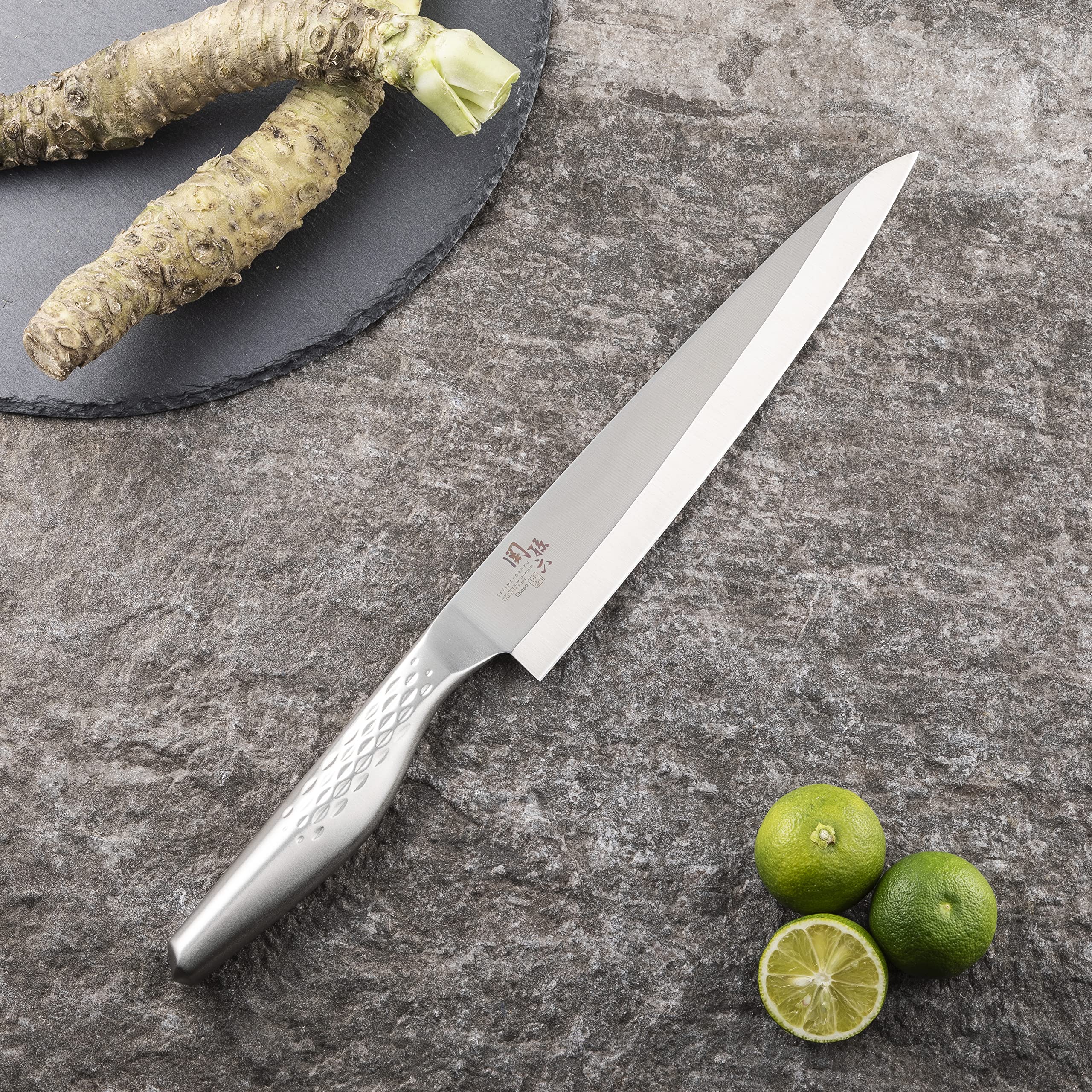 KAI Seki Magoroku Shoso Yanagiba 21,0 cm lunghezza lama - acciaio inossidabile 5CR15MoV 56 (±1) HRC - affilatura convessa - manico in acciaio inossidabile 18-8 con motivo a rombi - coltello da pesce